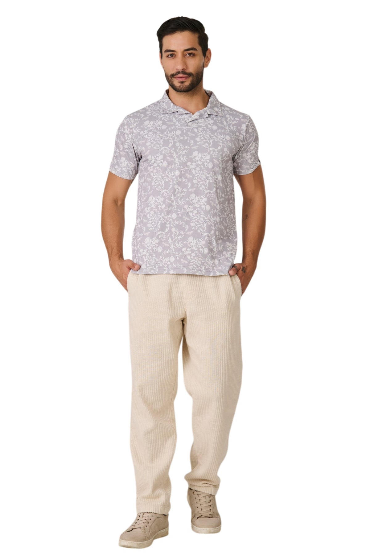 Buy Grey Botanical Print Polo Online Shopping view 5
