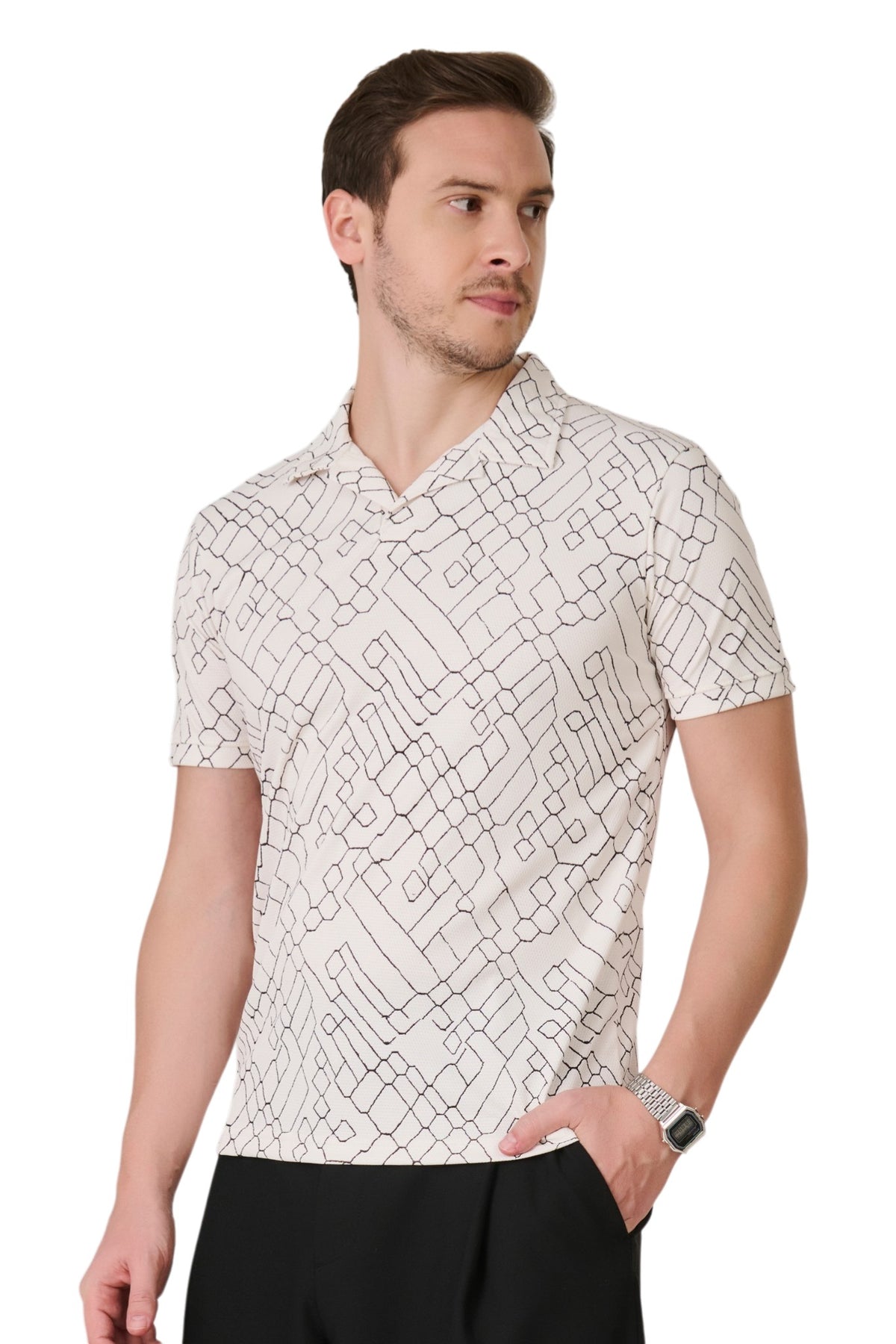 Buy O White Geometric Polo Online Shopping view 4