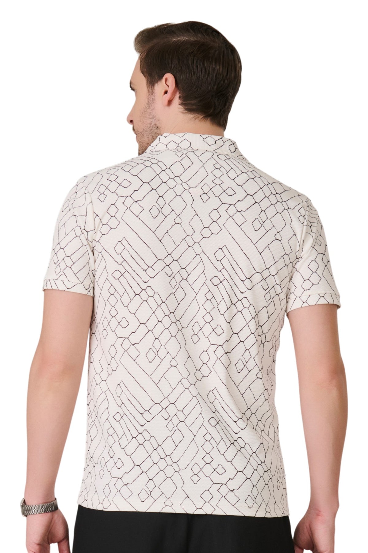 Buy O White Geometric Polo Online Shopping view 2
