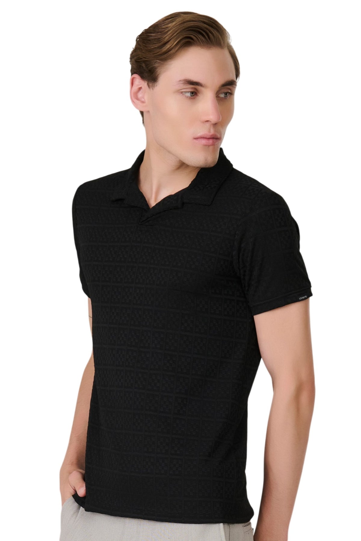Buy Black Check Textured Polo Online Shopping view 2