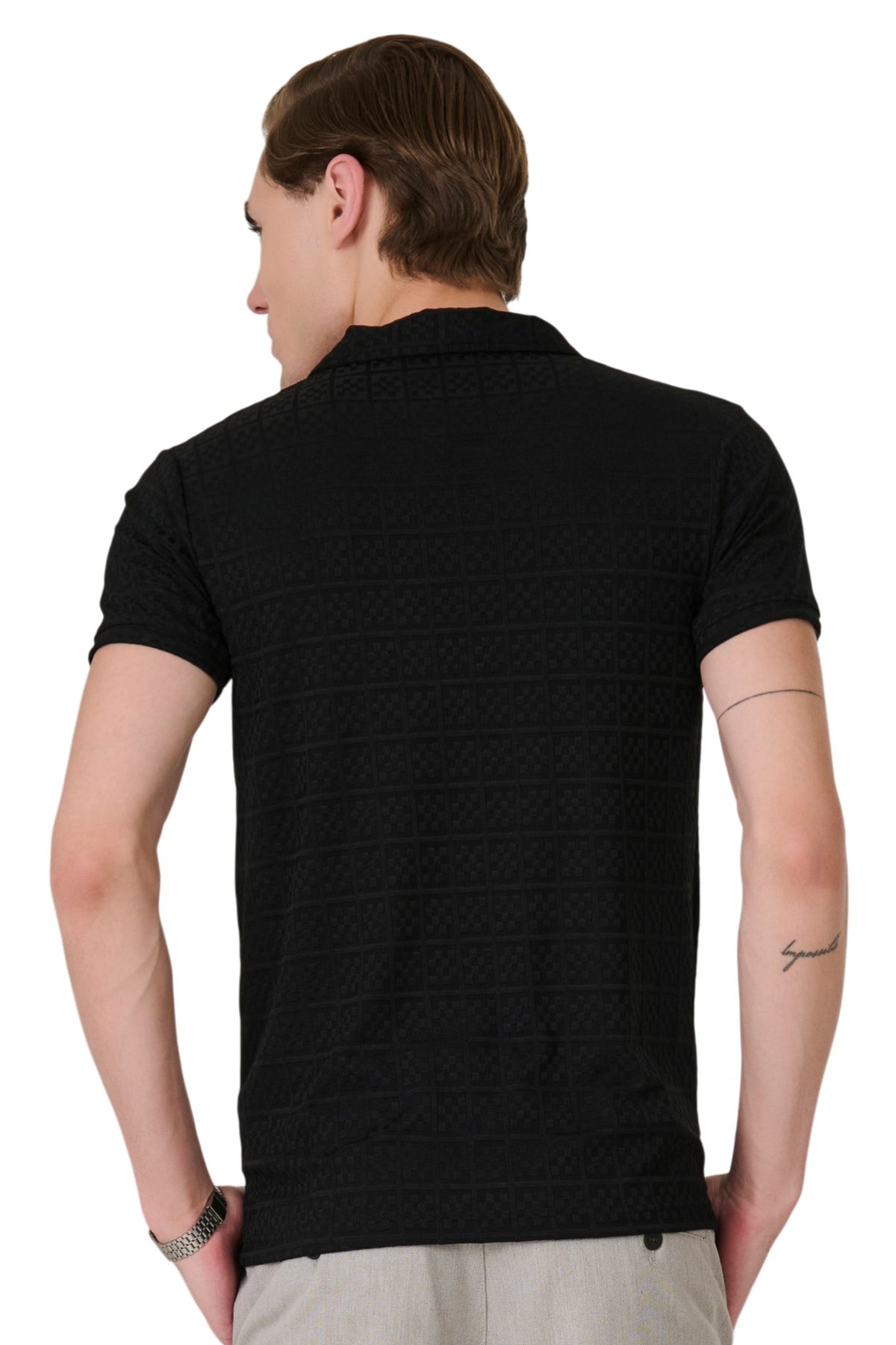 Buy Black Check Textured Polo Online Shopping view 4