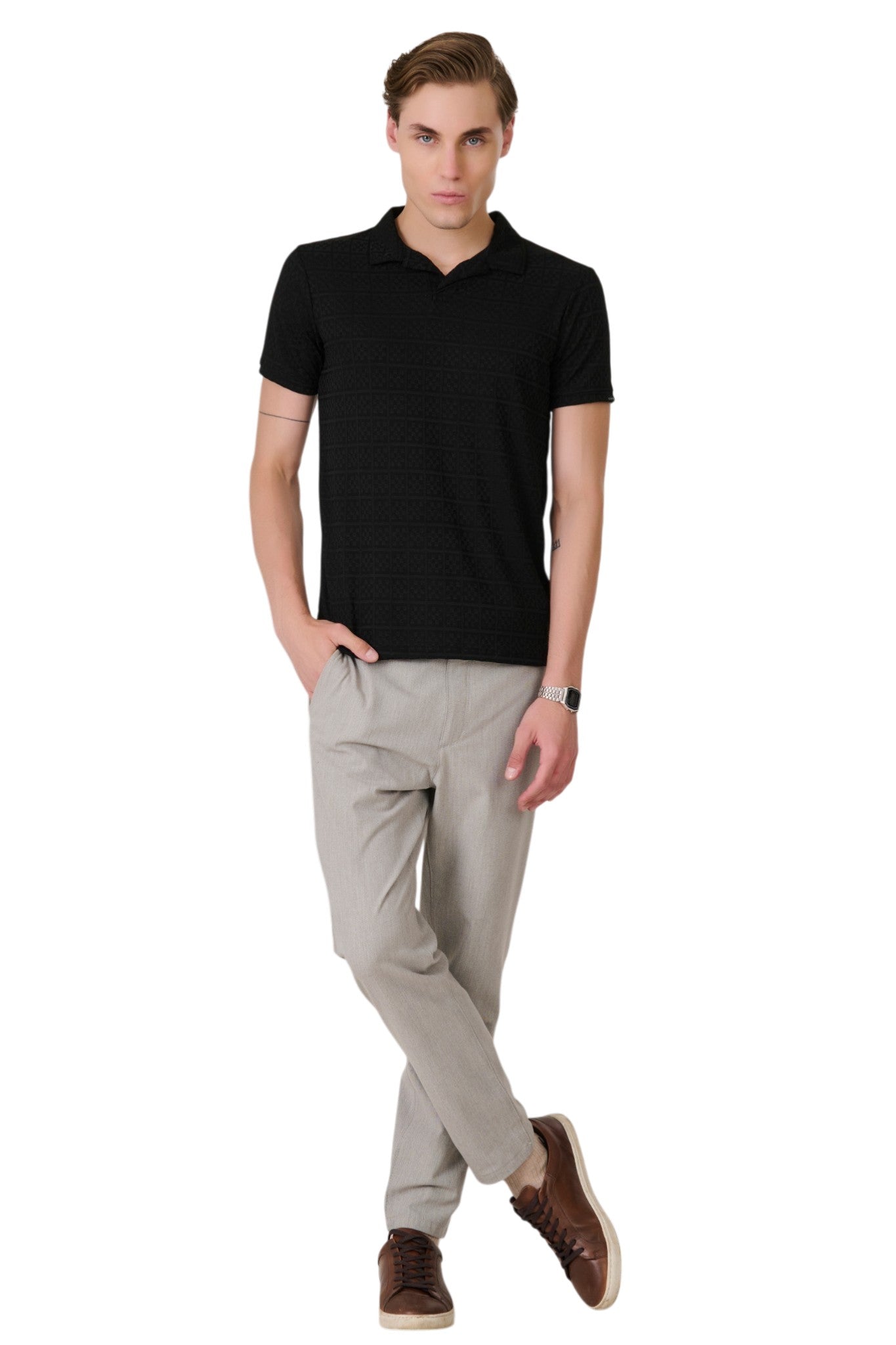 Buy Black Check Textured Polo Online Shopping view 5