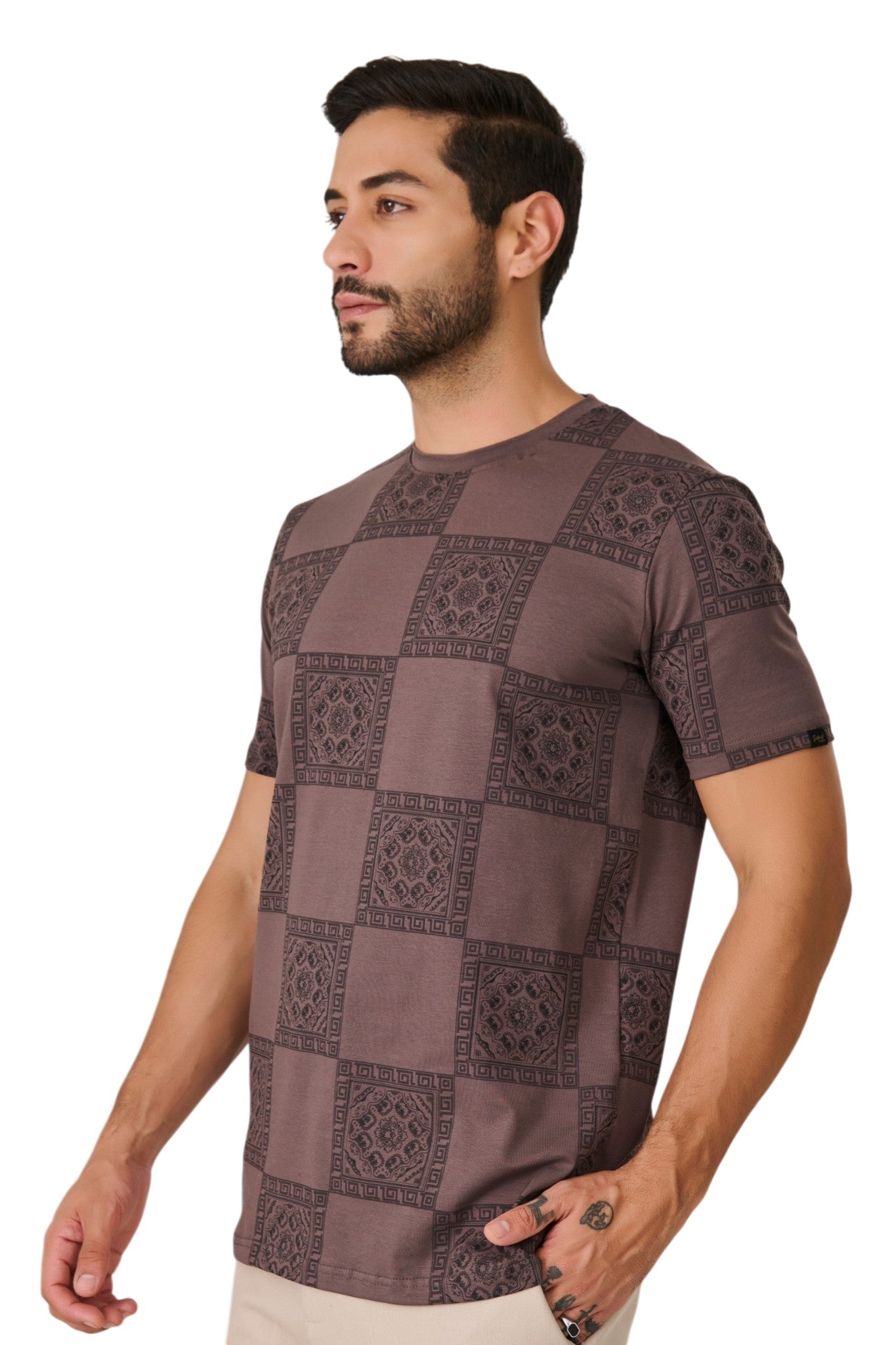 Buy Brown Geometric Print T-Shirt Online Shopping view 2