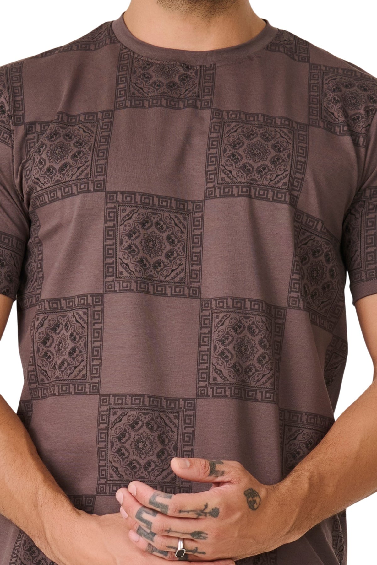 Buy Brown Geometric Print T-Shirt Online Shopping view 3