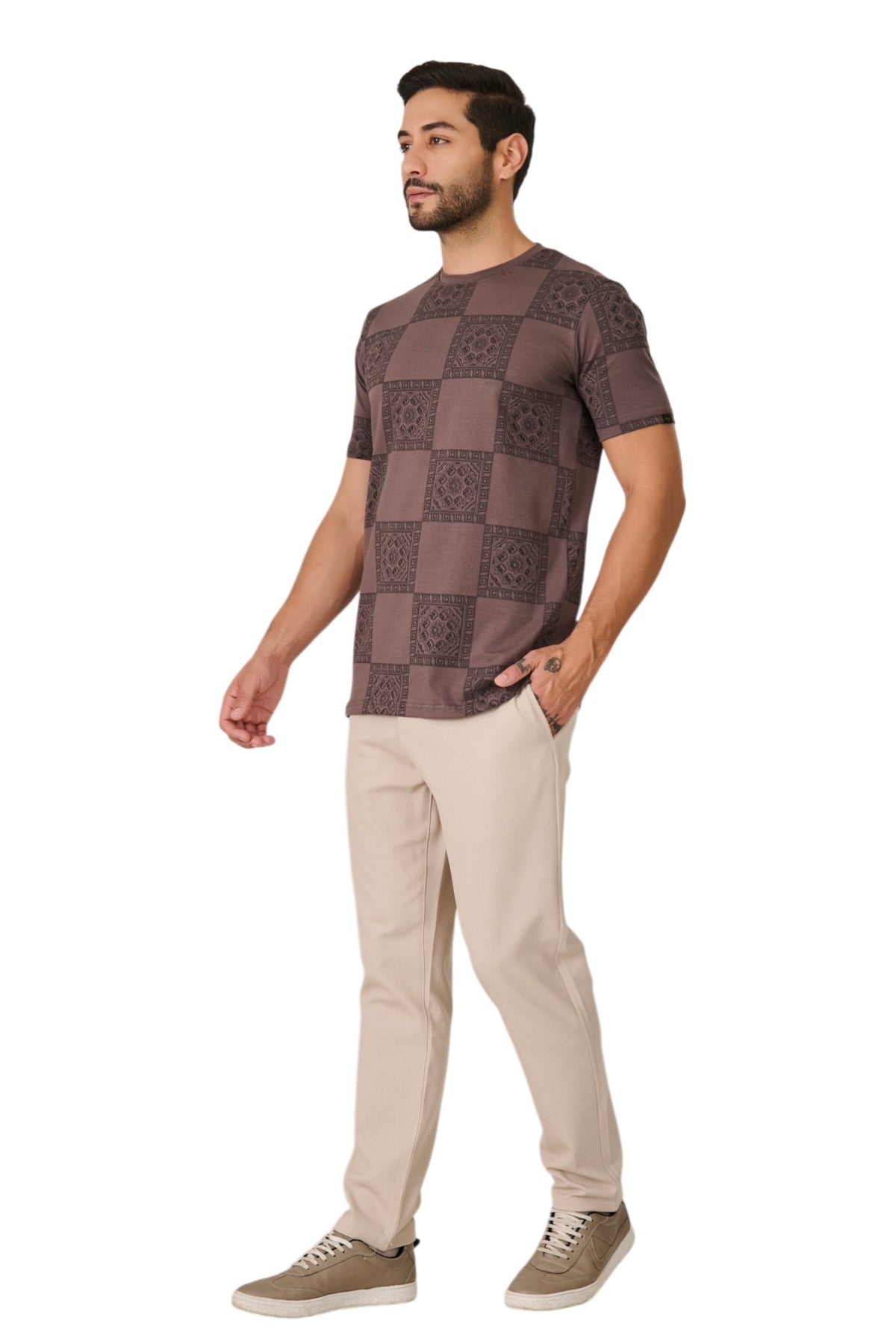 Buy Brown Geometric Print T-Shirt Online Shopping view 4