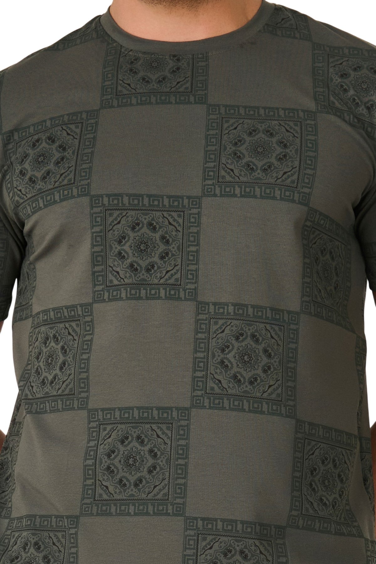 Buy Olive Ornamental Check T-Shirt Online Shopping view 3