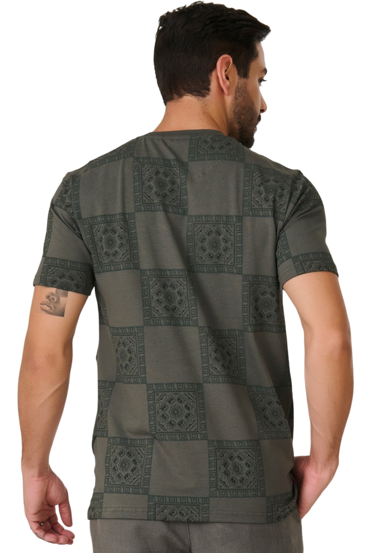 Buy Olive Ornamental Check T-Shirt Online Shopping view 4