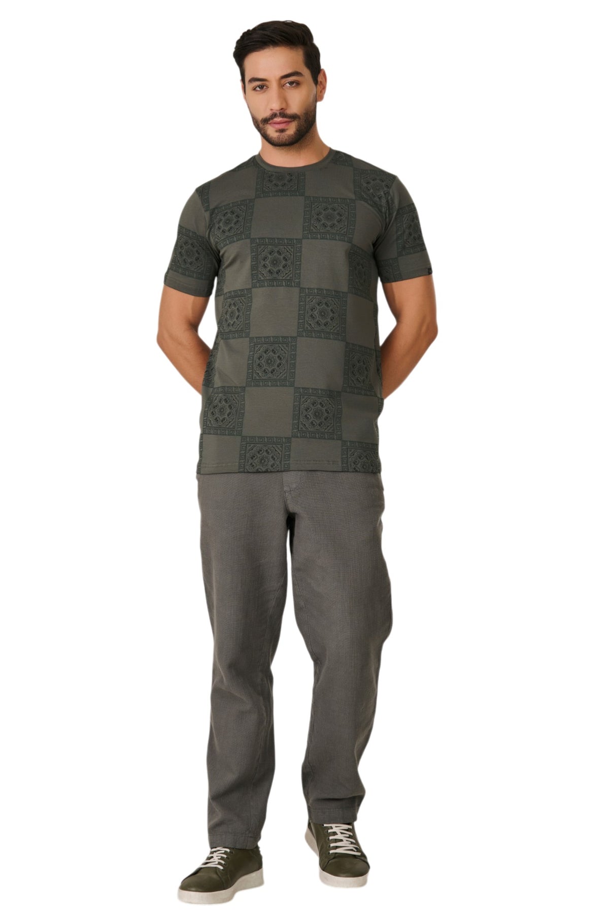 Buy Olive Ornamental Check T-Shirt Online Shopping view 5