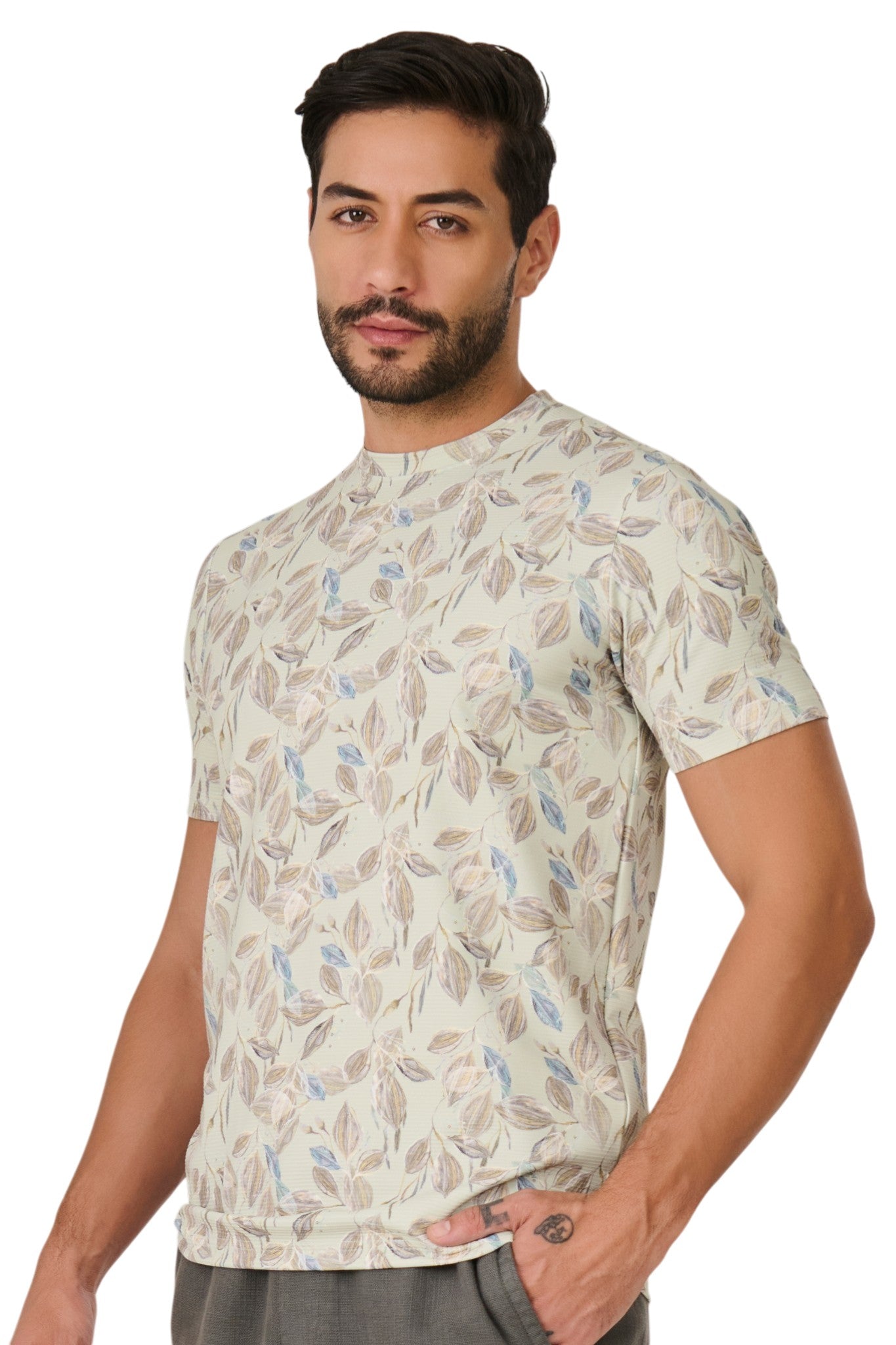 Buy Green Leaf Print T-Shirt Online Shopping view 2