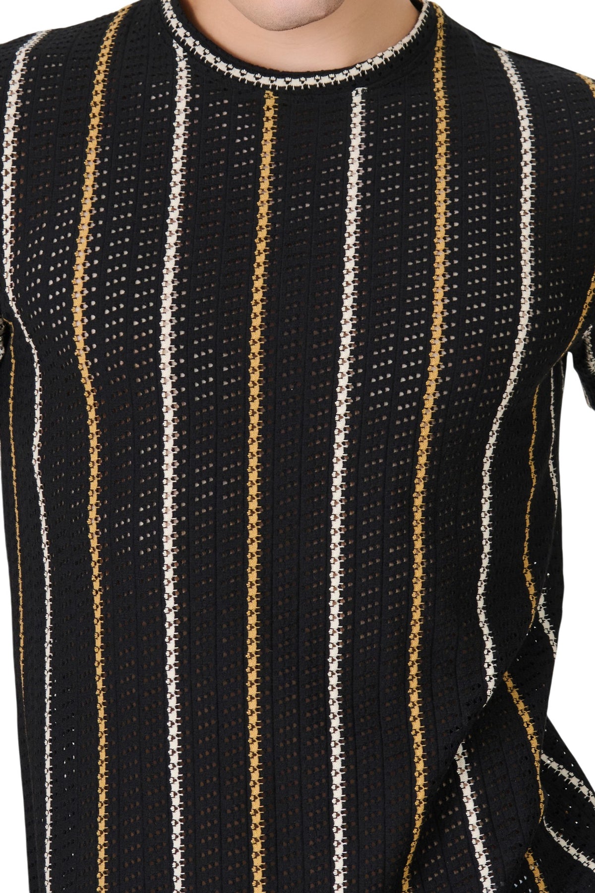 Buy Black Textured Stripe T-Shirt Online Shopping view 3