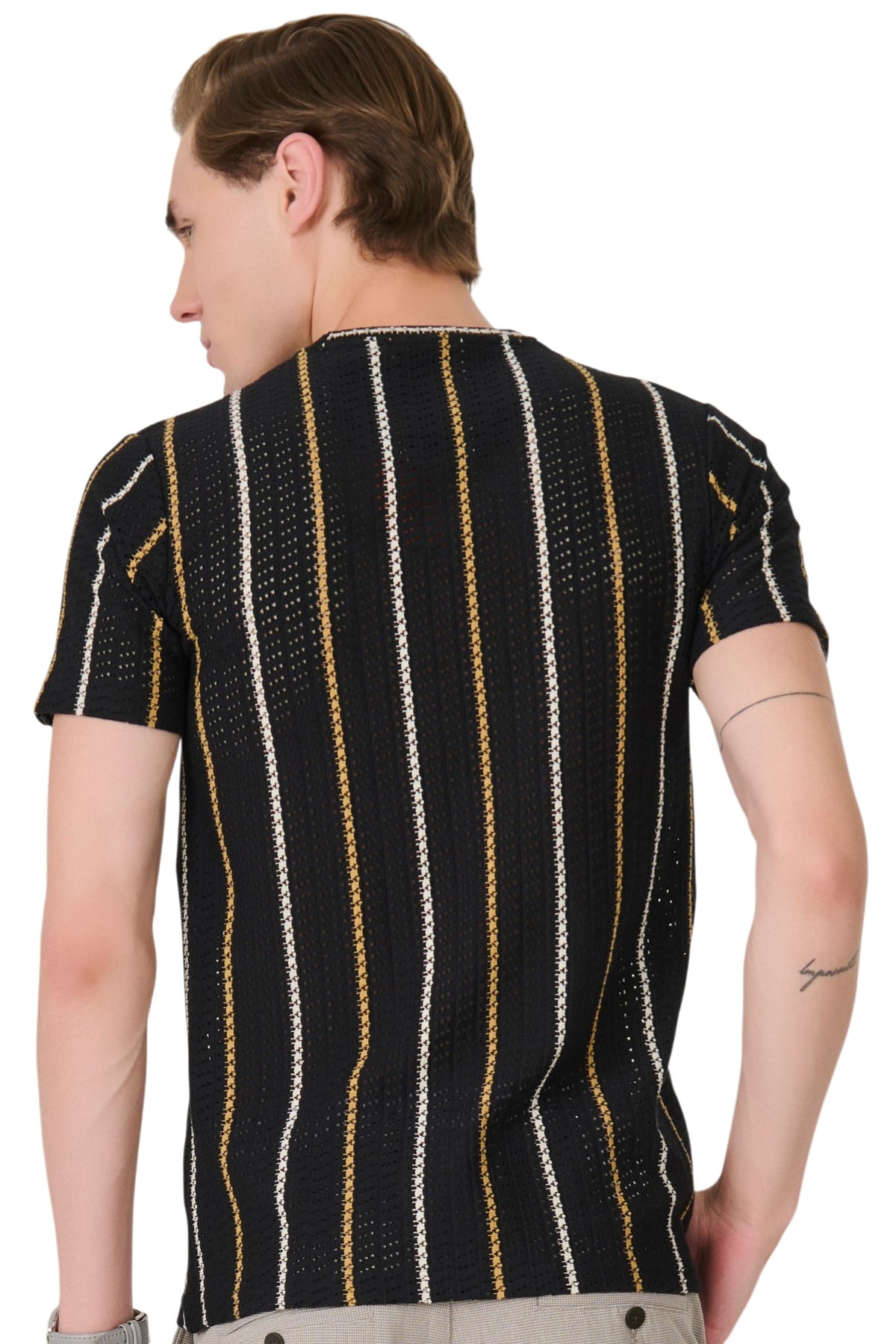 Buy Black Textured Stripe T-Shirt Online Shopping view 4