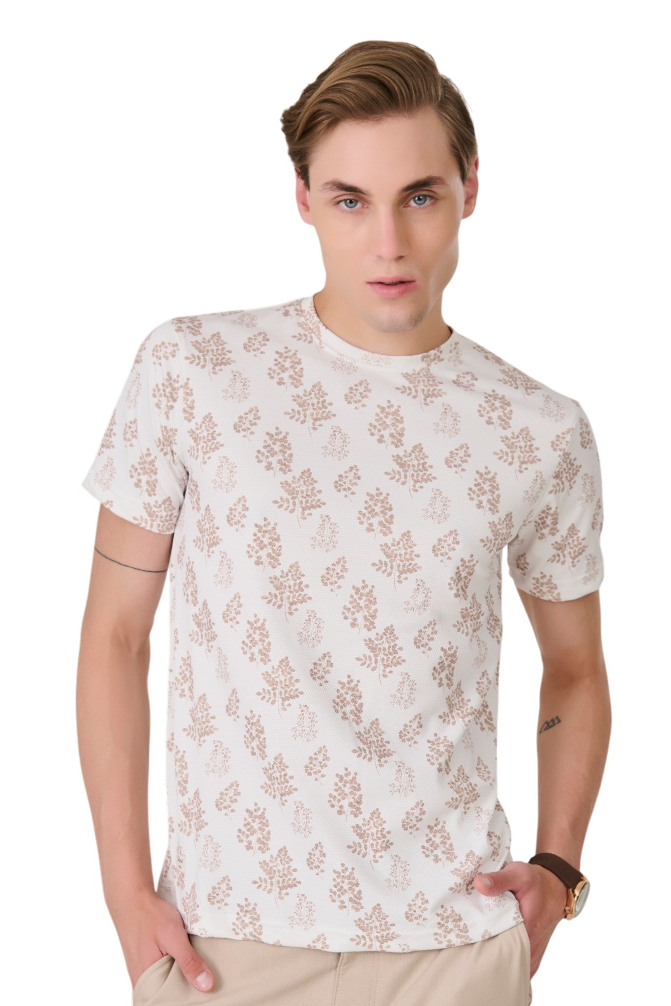 Buy White Leaf Print T-Shirt Online Shopping view 1