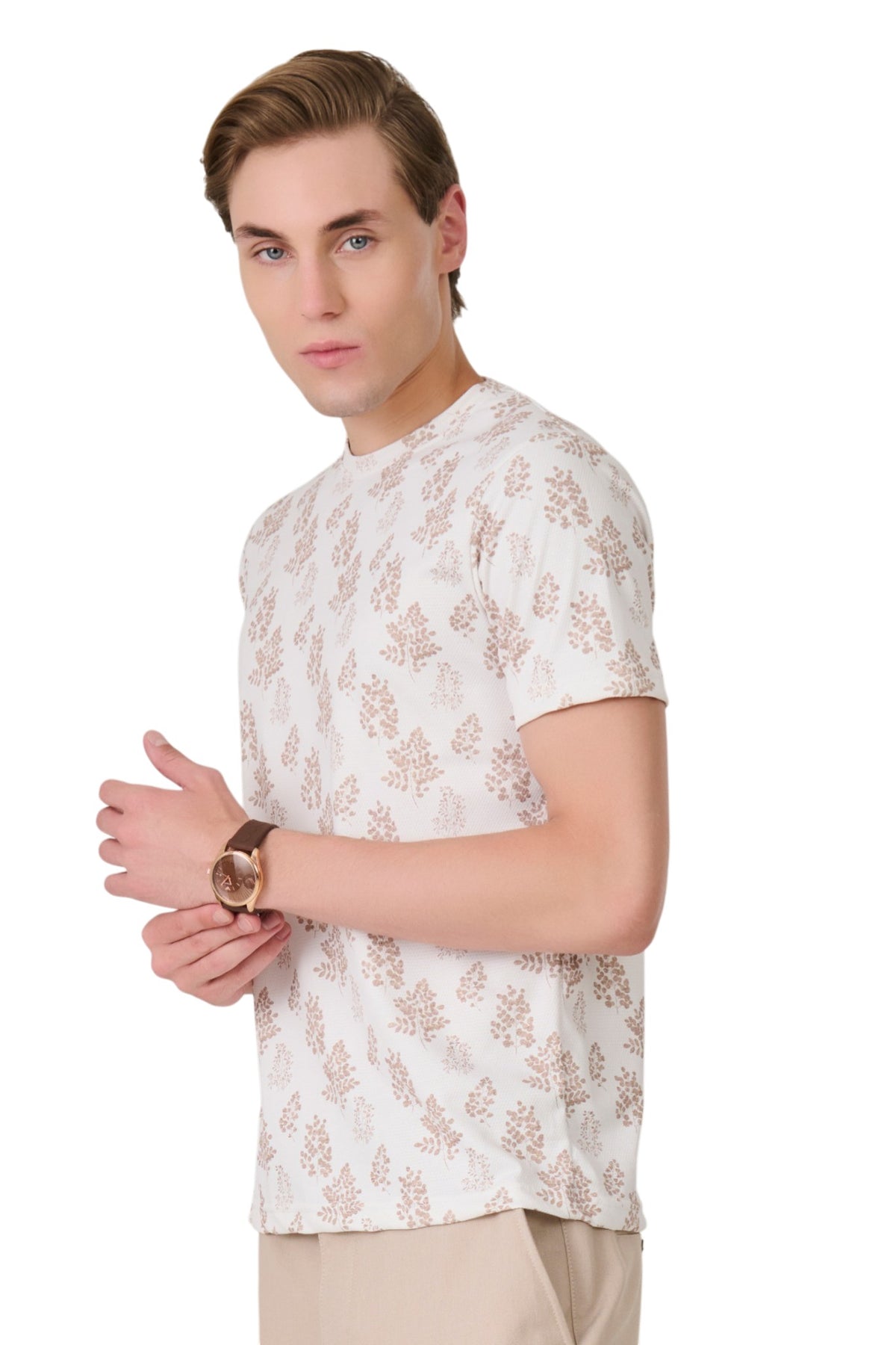 Buy White Leaf Print T-Shirt Online Shopping view 2