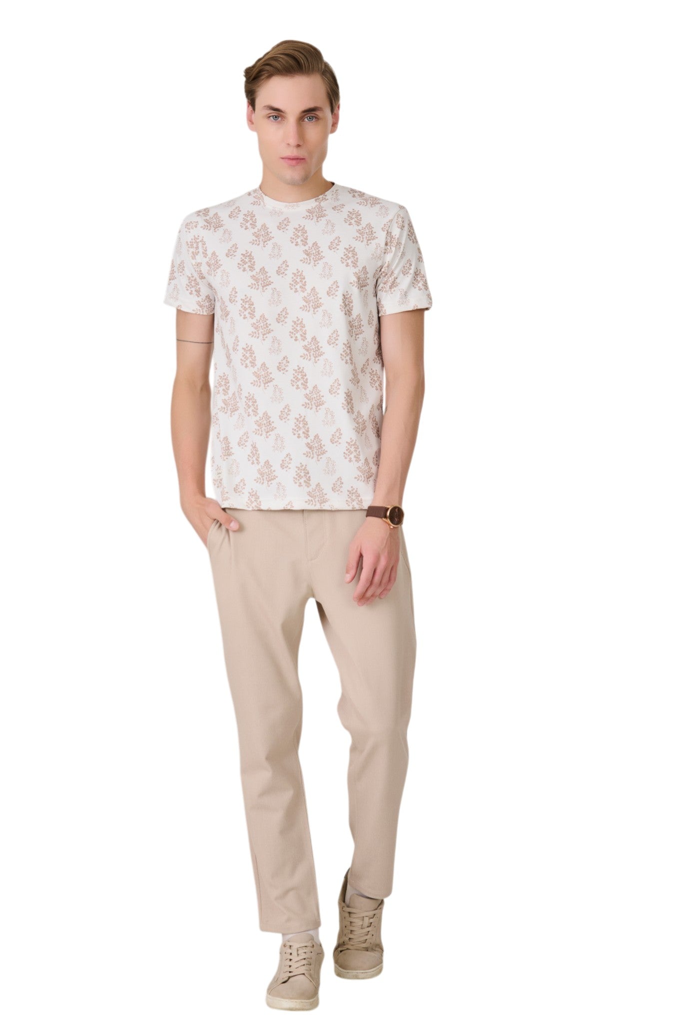 Buy White Leaf Print T-Shirt Online Shopping view 5