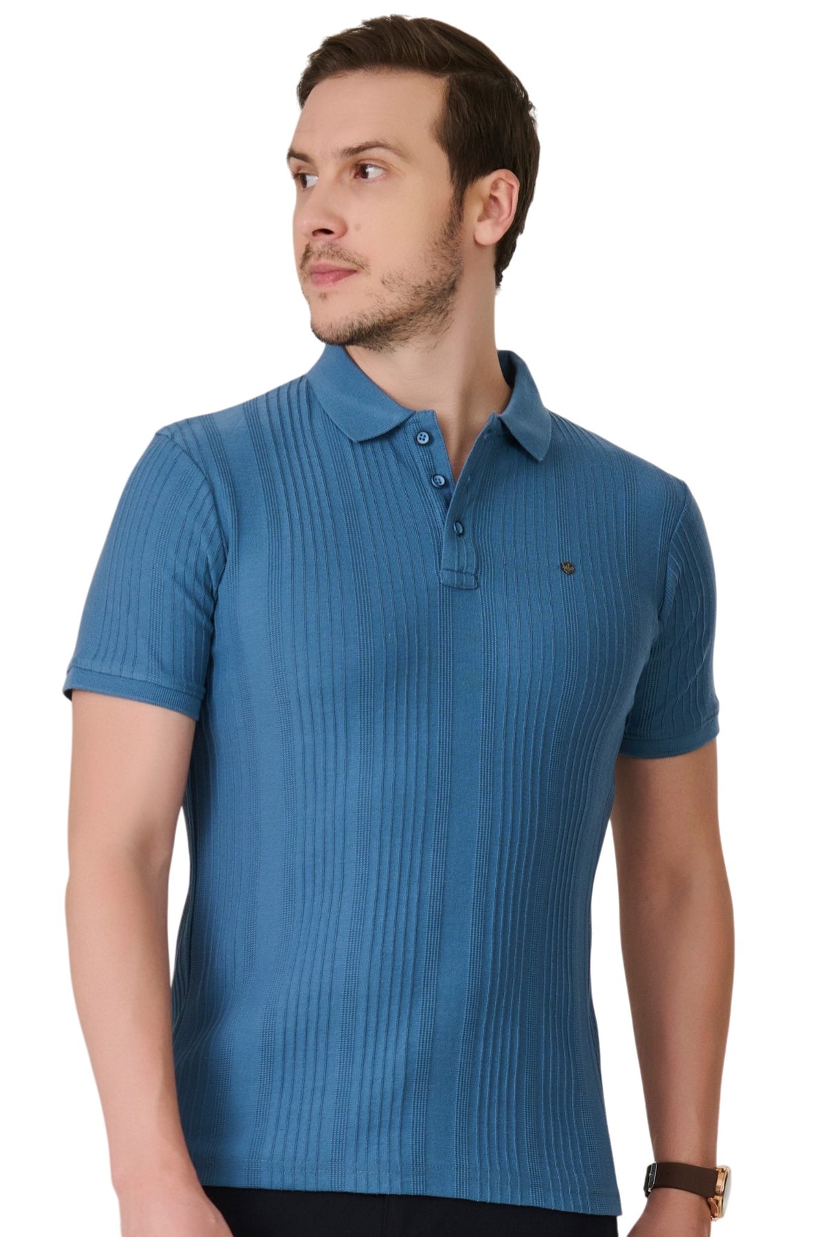 Buy Airforce Blue Textured Polo Online Shopping view 1