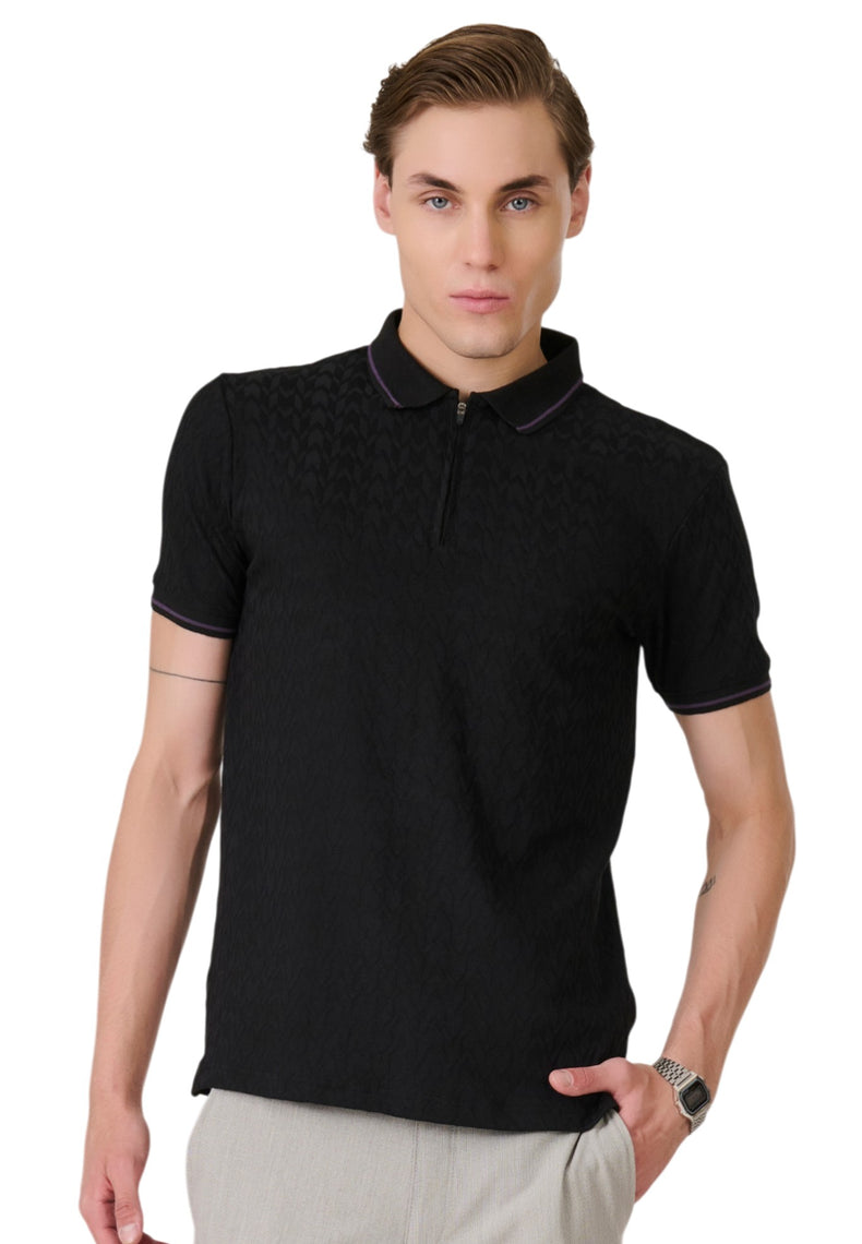 Black Textured Zip Polo