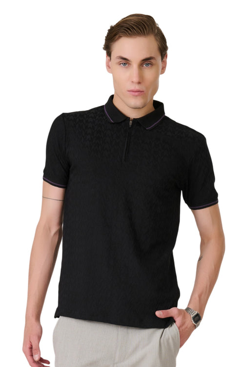 Black Textured Zip Polo
