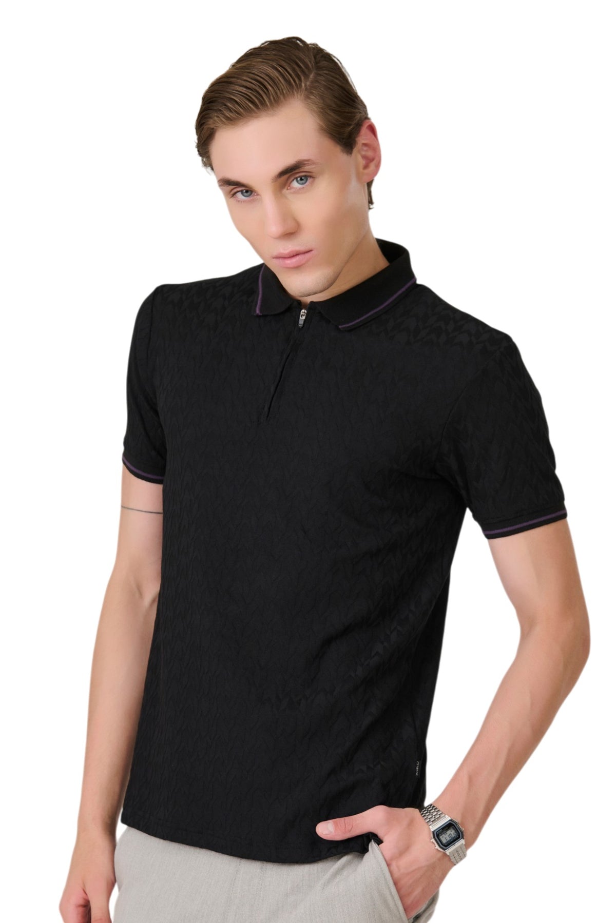 Buy Black Textured Zip Polo Online Shopping view 2