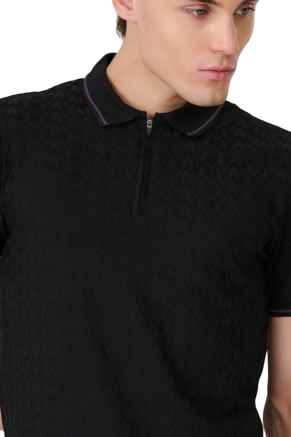 Buy Black Textured Zip Polo Online Shopping view 3
