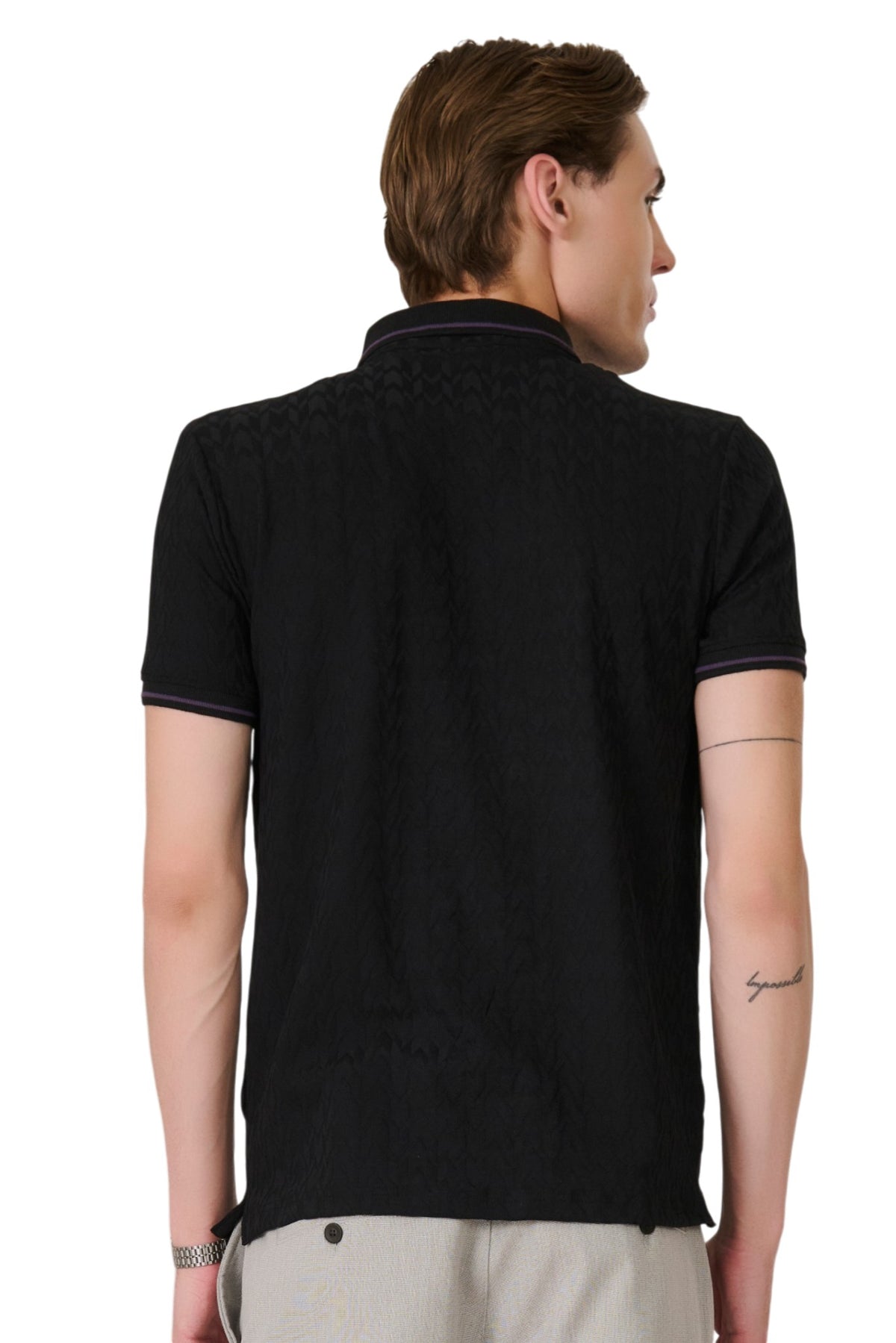 Buy Black Textured Zip Polo Online Shopping view 4
