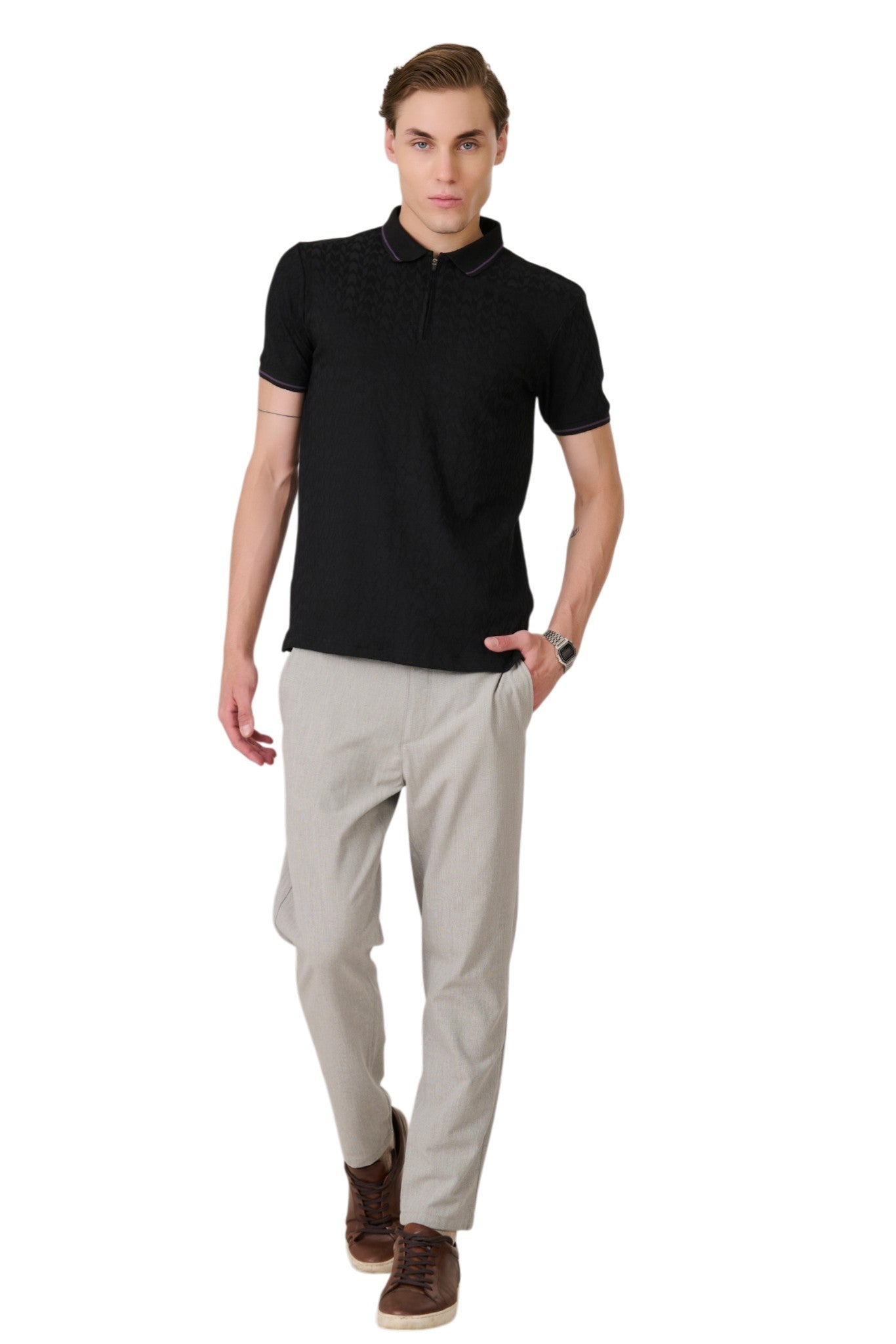 Buy Black Textured Zip Polo Online Shopping view 5