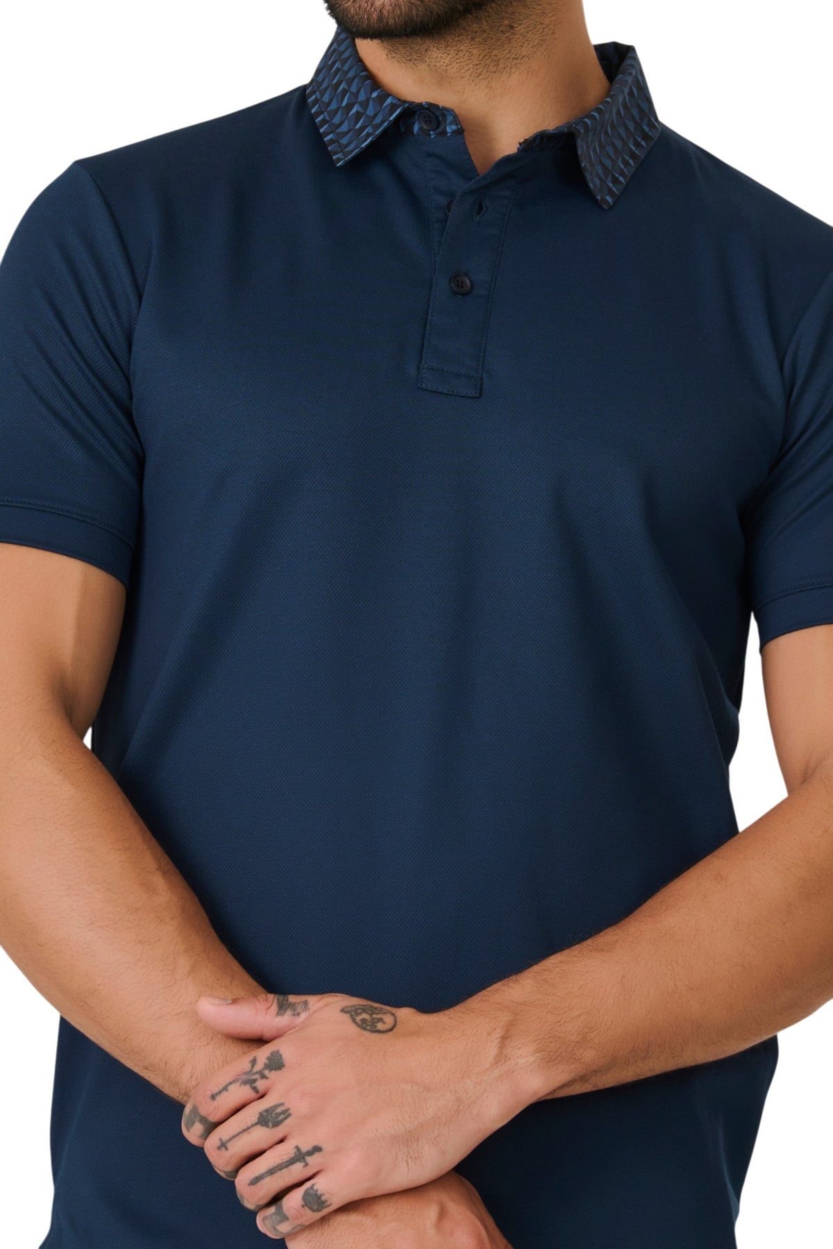 Buy Teal Geometric Collar Polo Online Shopping view 3