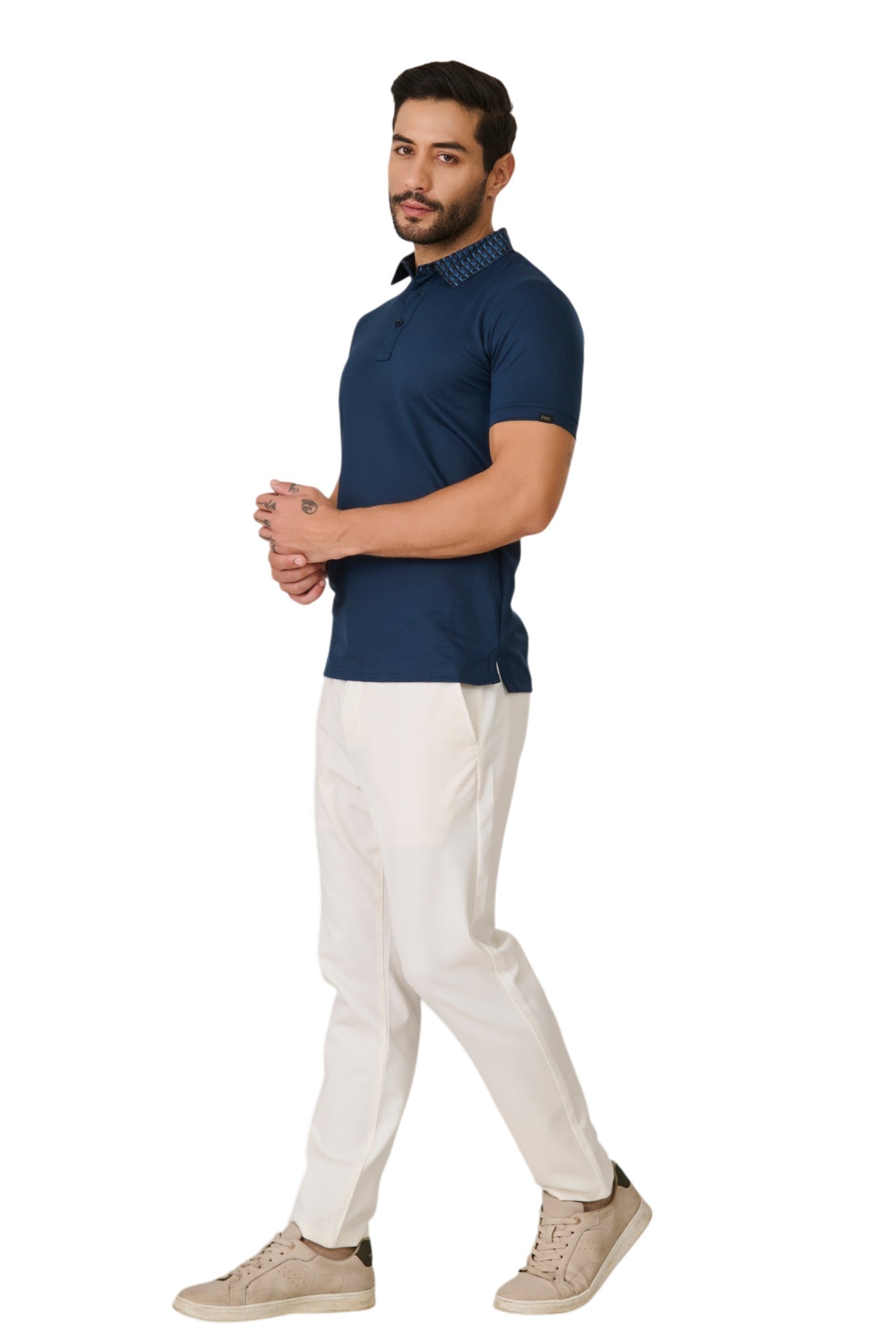 Buy Teal Geometric Collar Polo Online Shopping view 5