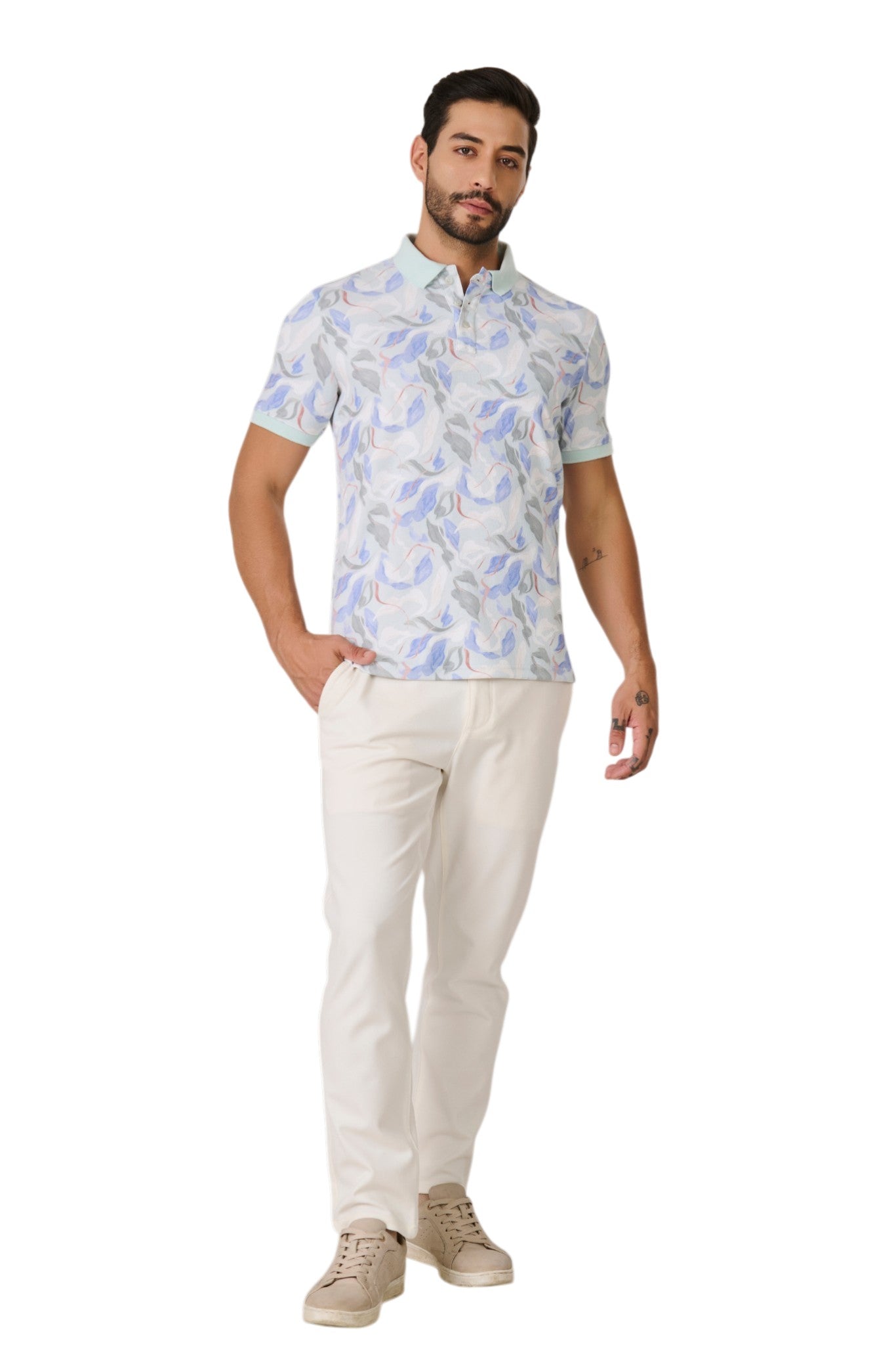 Buy Mint Pastel Floral Polo Online Shopping view 5
