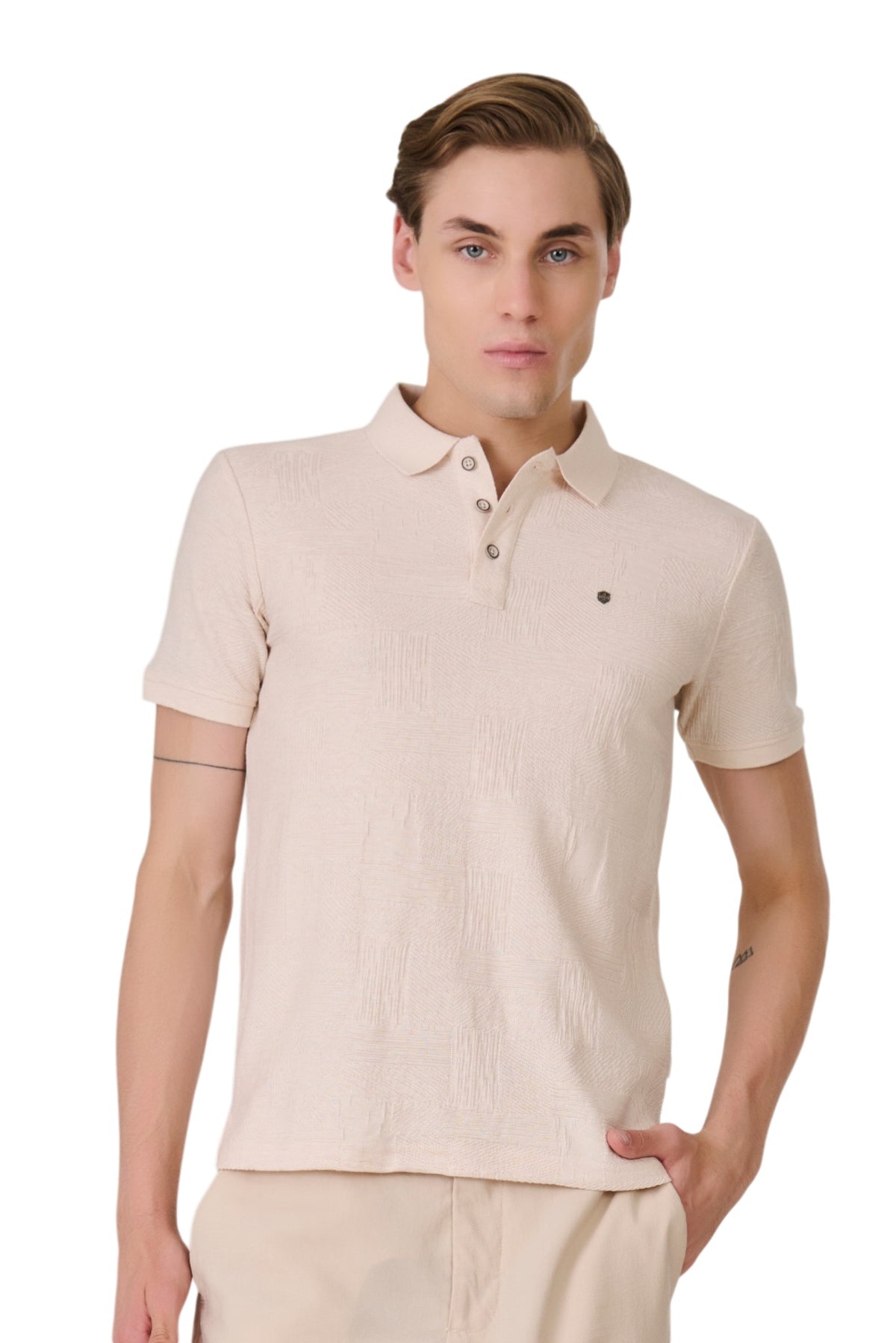 Buy Oatmealmil Textured Polo T-Shirt Online Shopping view 1