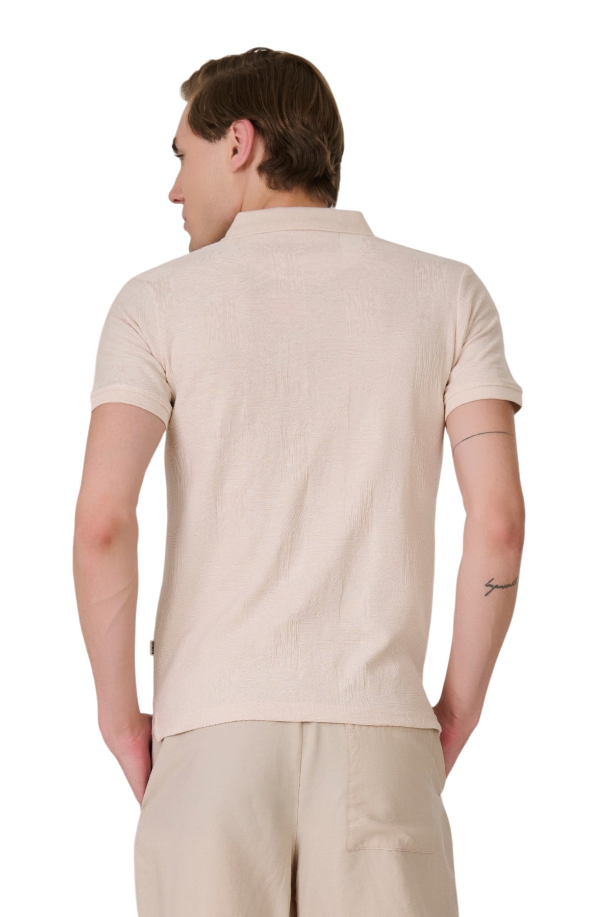 Buy Oatmealmil Textured Polo T-Shirt Online Shopping view 4
