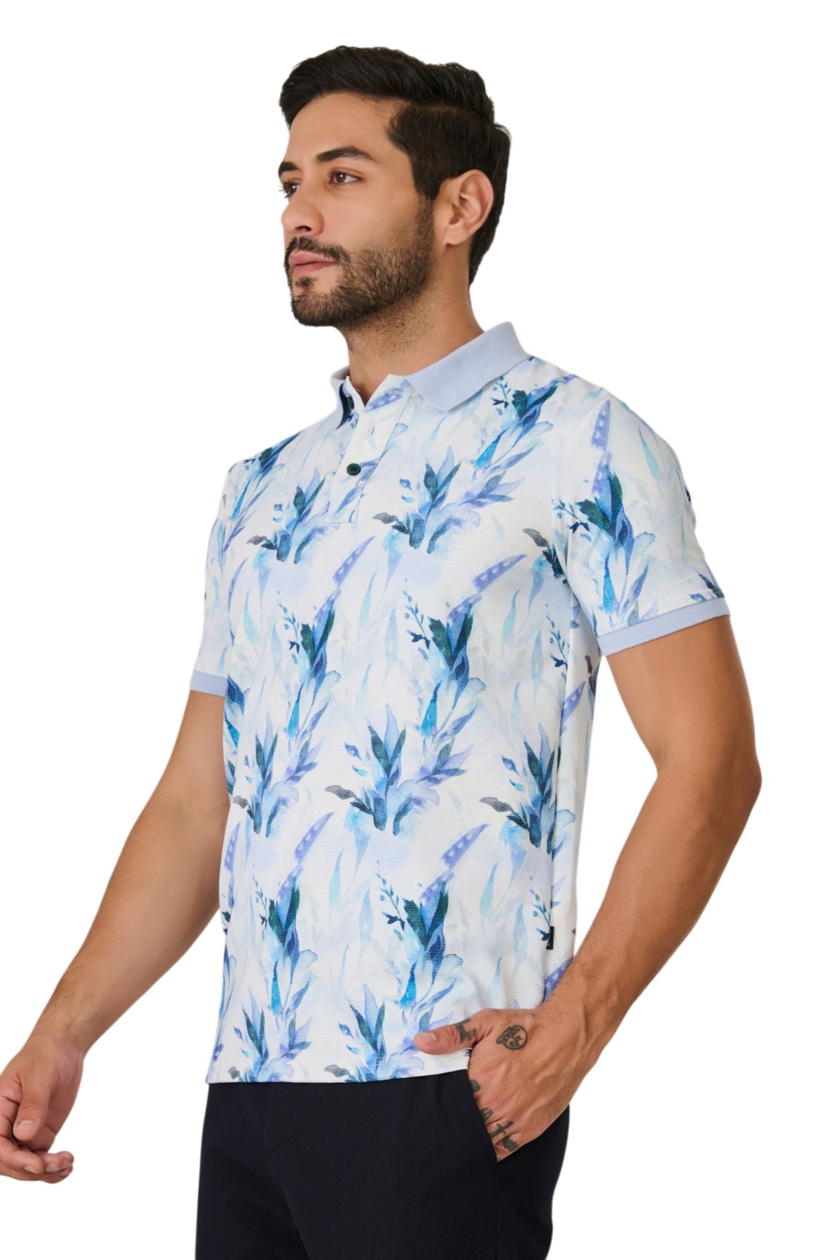 Buy Blue Floral Polo T-Shirt Online Shopping view 3