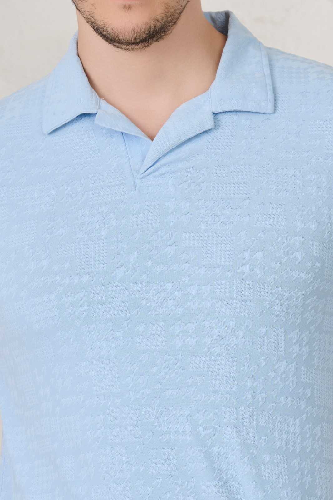 Buy Sky Blue Textured Polo Online Shopping view 3