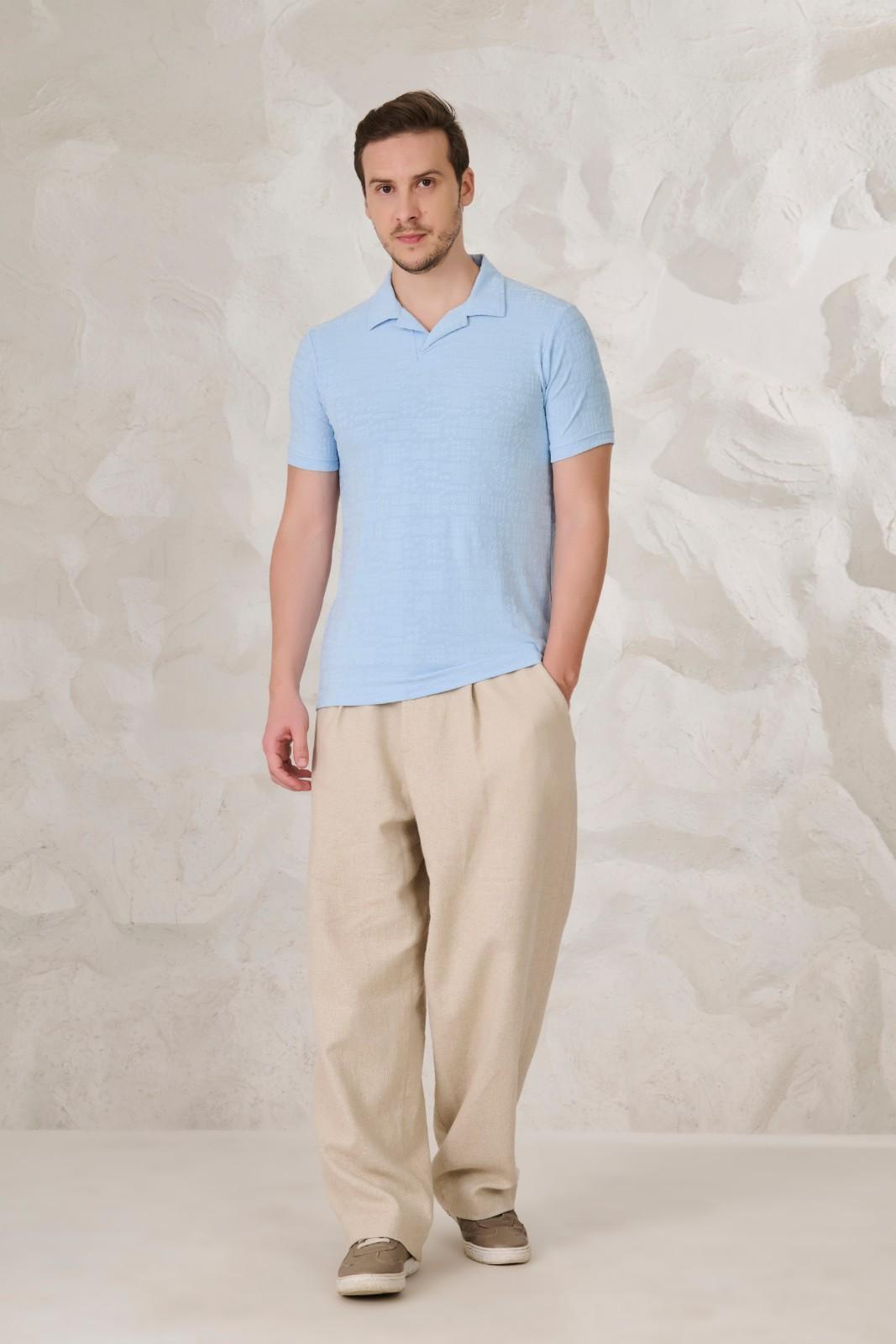 Buy Sky Blue Textured Polo Online Shopping view 5