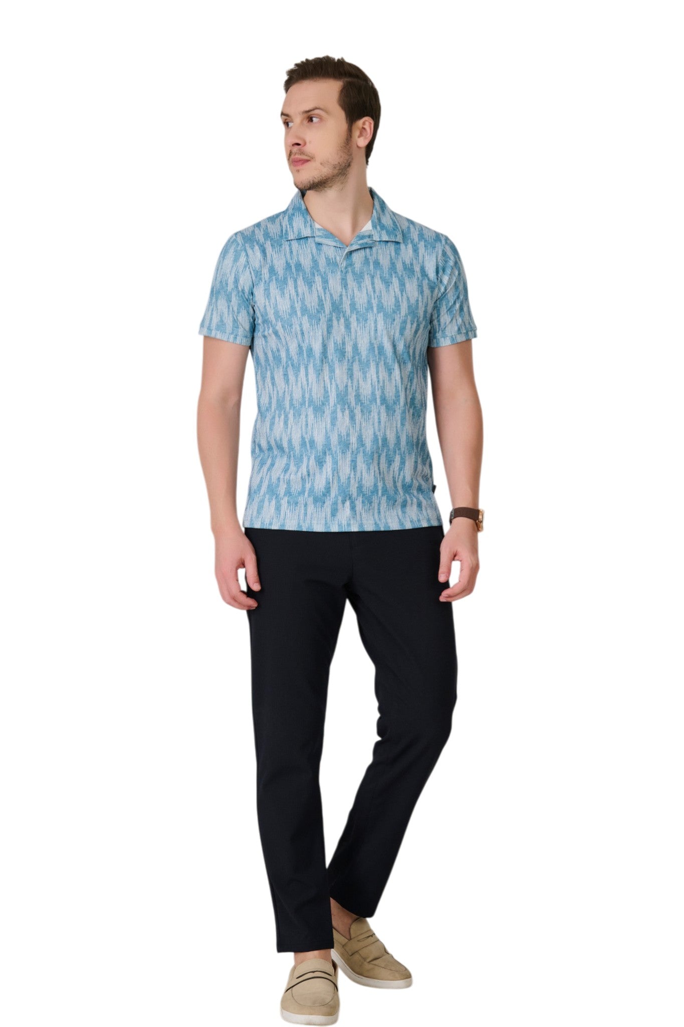 Buy Teal Linear Pattern Polo Online Shopping view 5