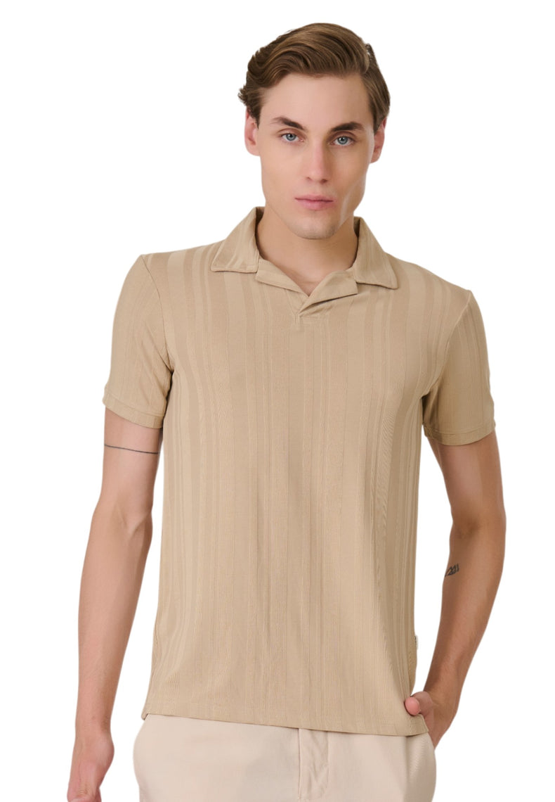 Beige Striped Textured Polo