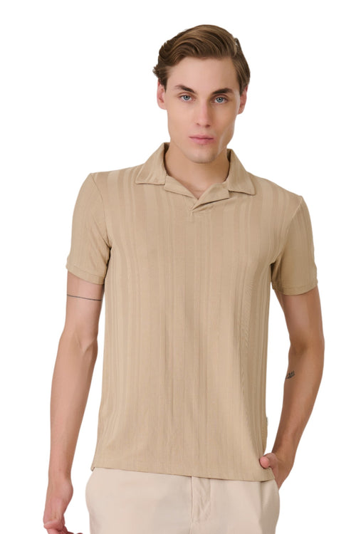 Beige Striped Textured Polo