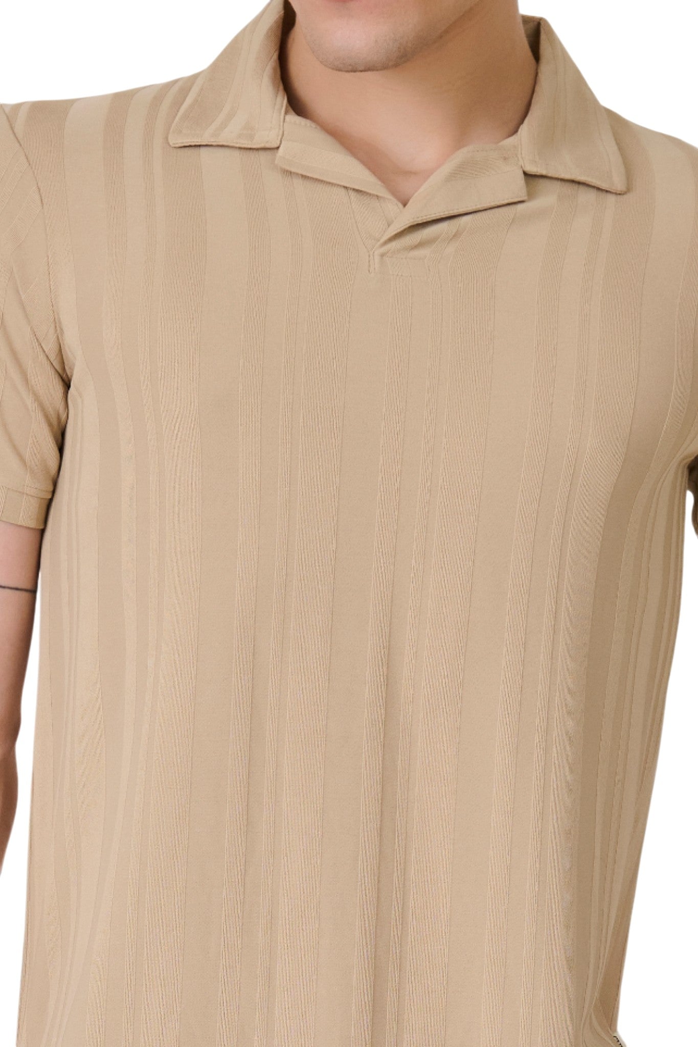 Buy Beige Striped Textured Polo Online Shopping view 2