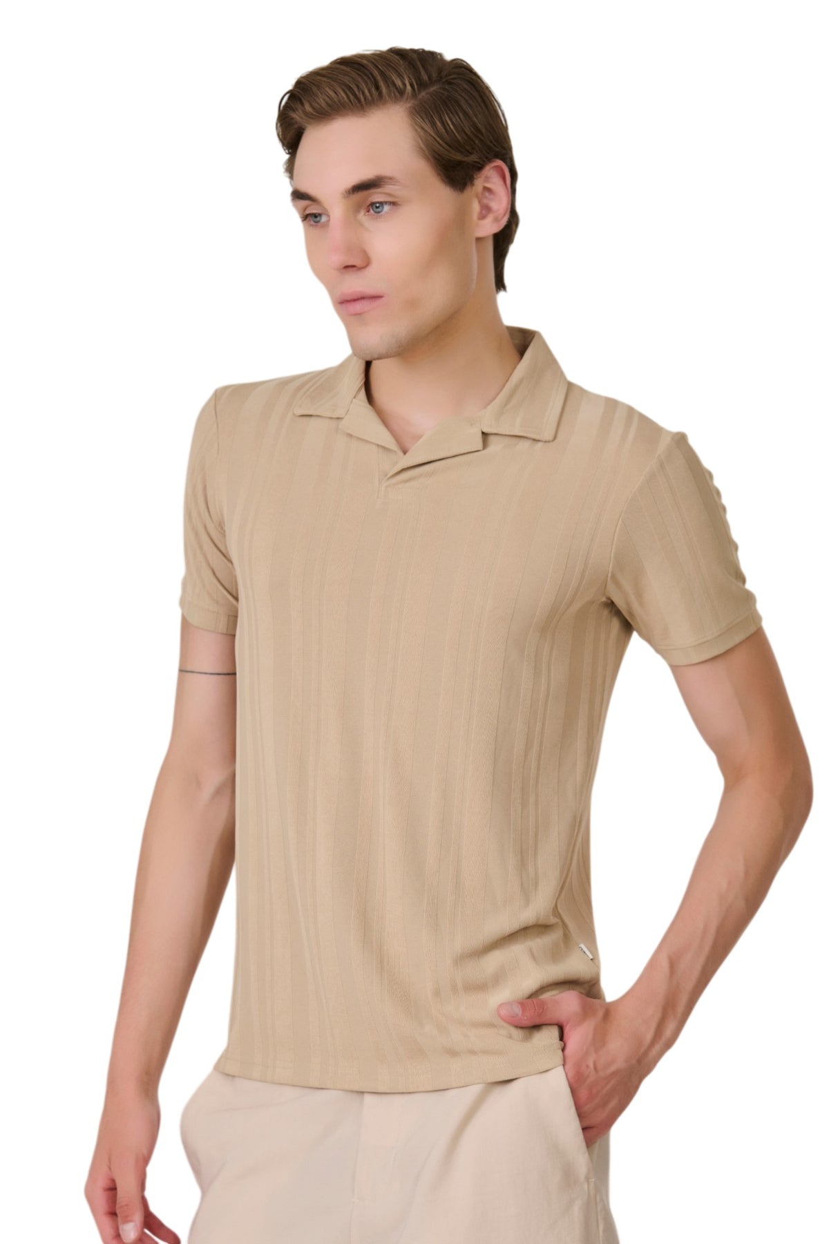 Buy Beige Striped Textured Polo Online Shopping view 3
