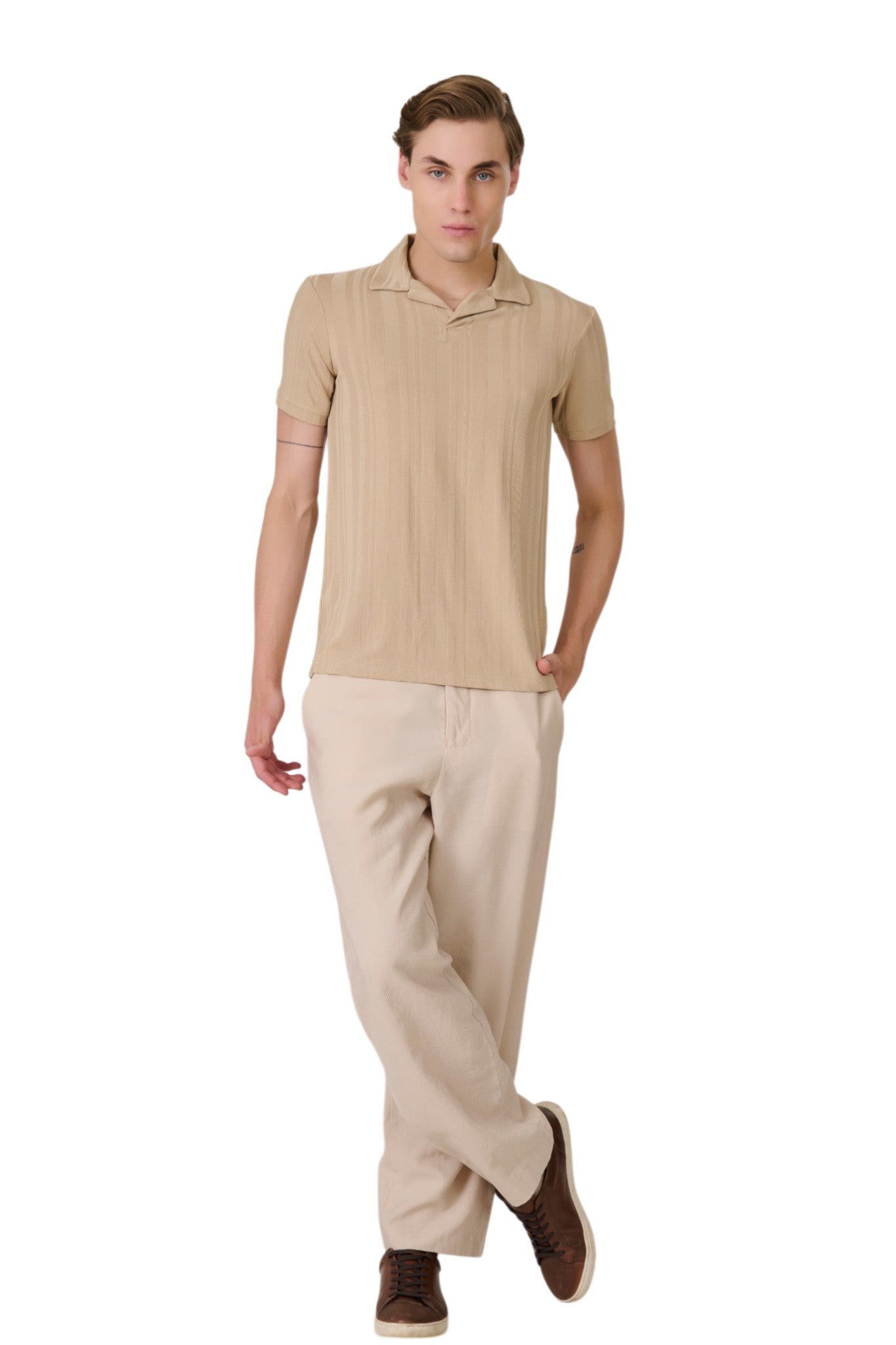 Buy Beige Striped Textured Polo Online Shopping view 5