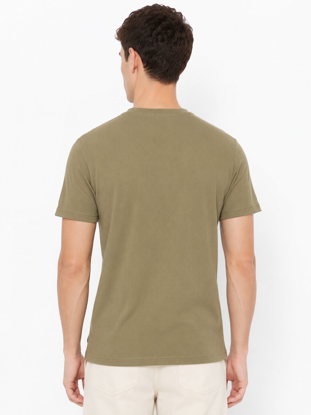 Buy Olive Ribbed Crew T-Shirt Online Shopping view 2