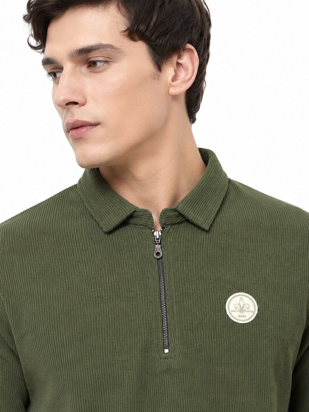 Buy Olive Zip Collar T-Shirt Online Shopping view 3