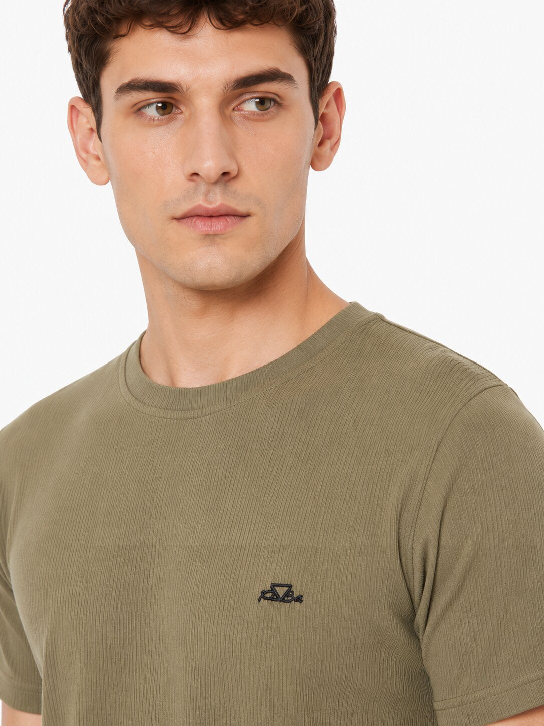 Buy Olive Ribbed Crew T-Shirt Online Shopping view 3