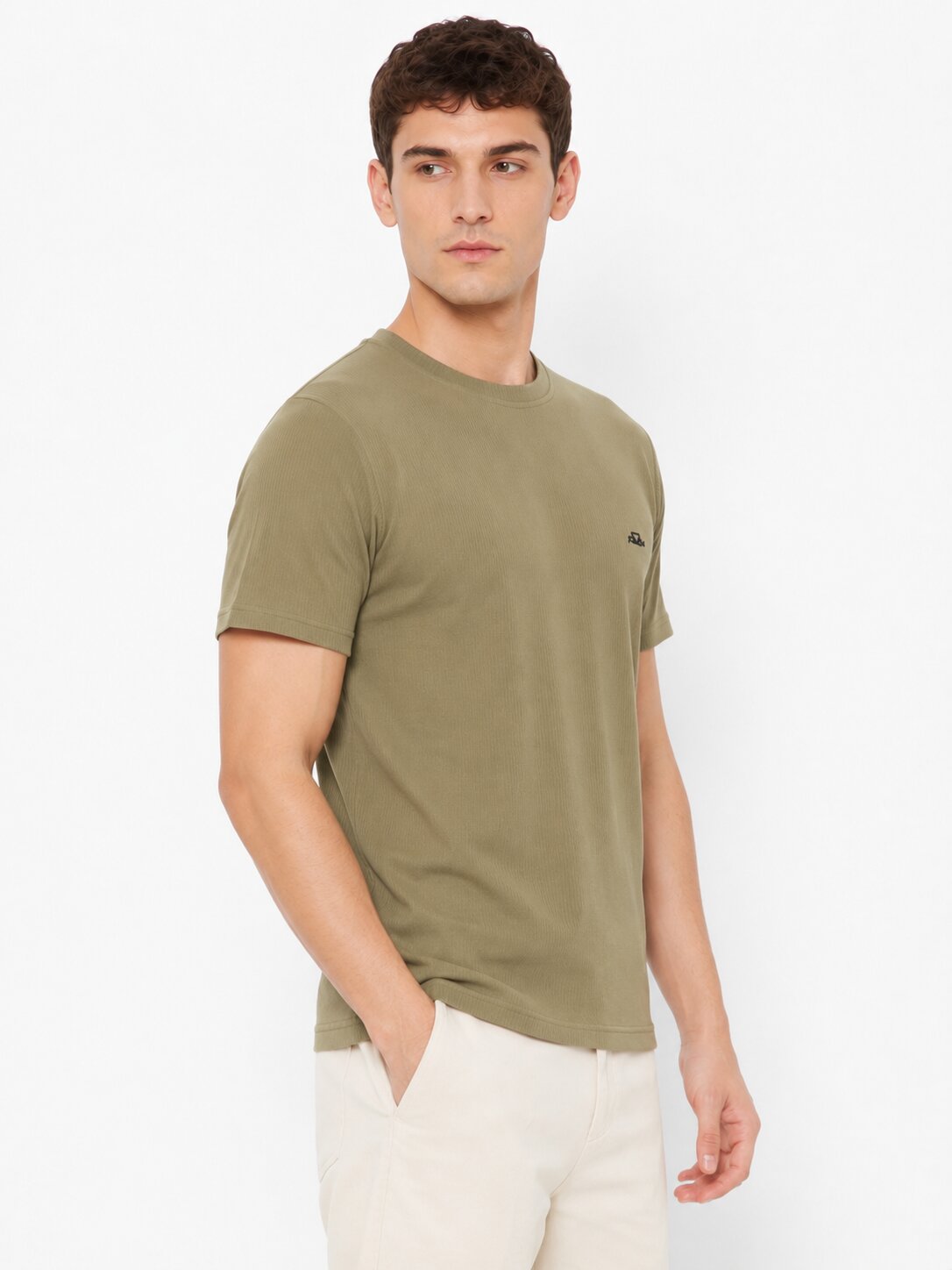 Buy Olive Ribbed Crew T-Shirt Online Shopping view 4