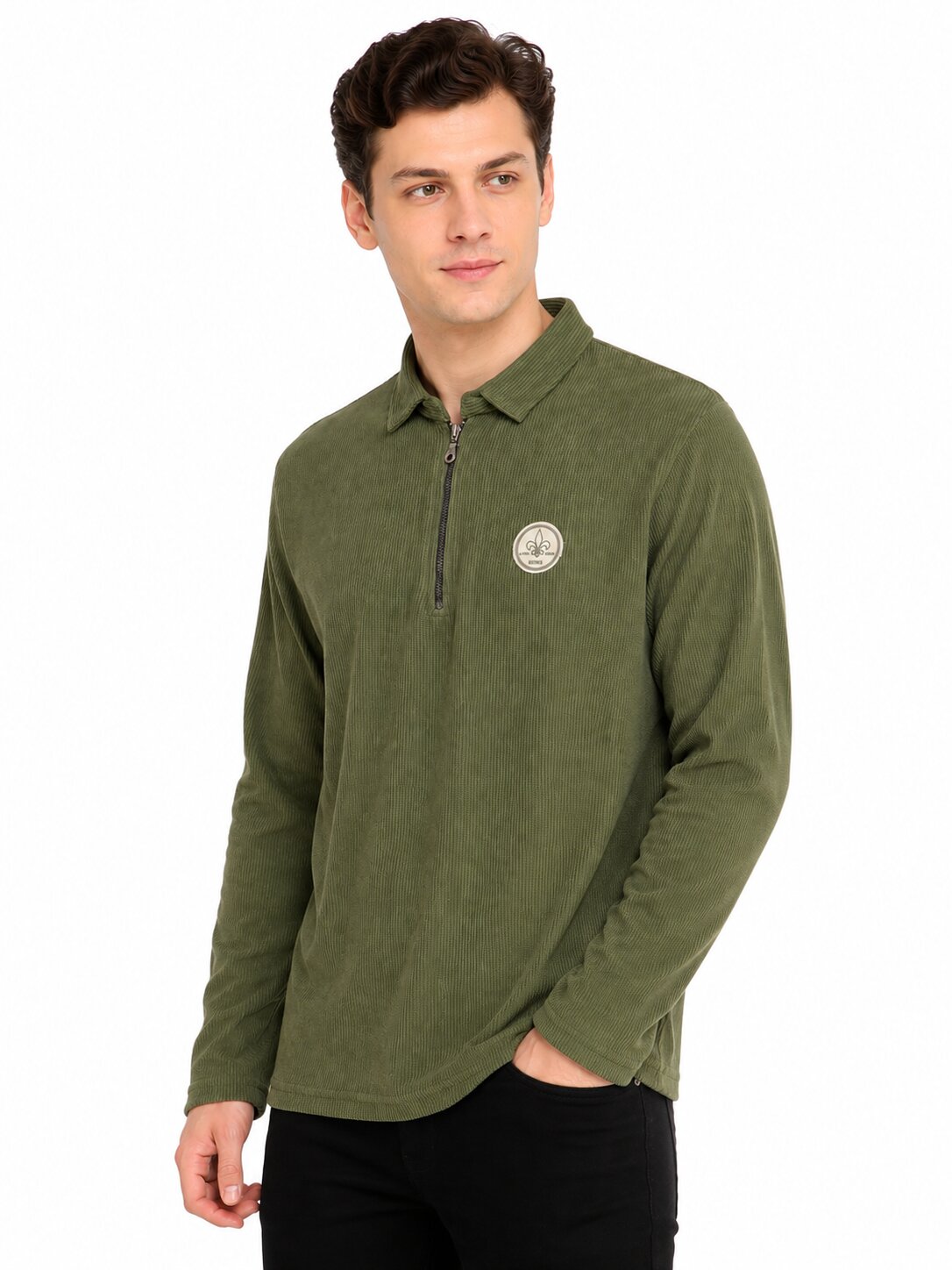 Buy Olive Zip Collar T-Shirt Online Shopping view 4