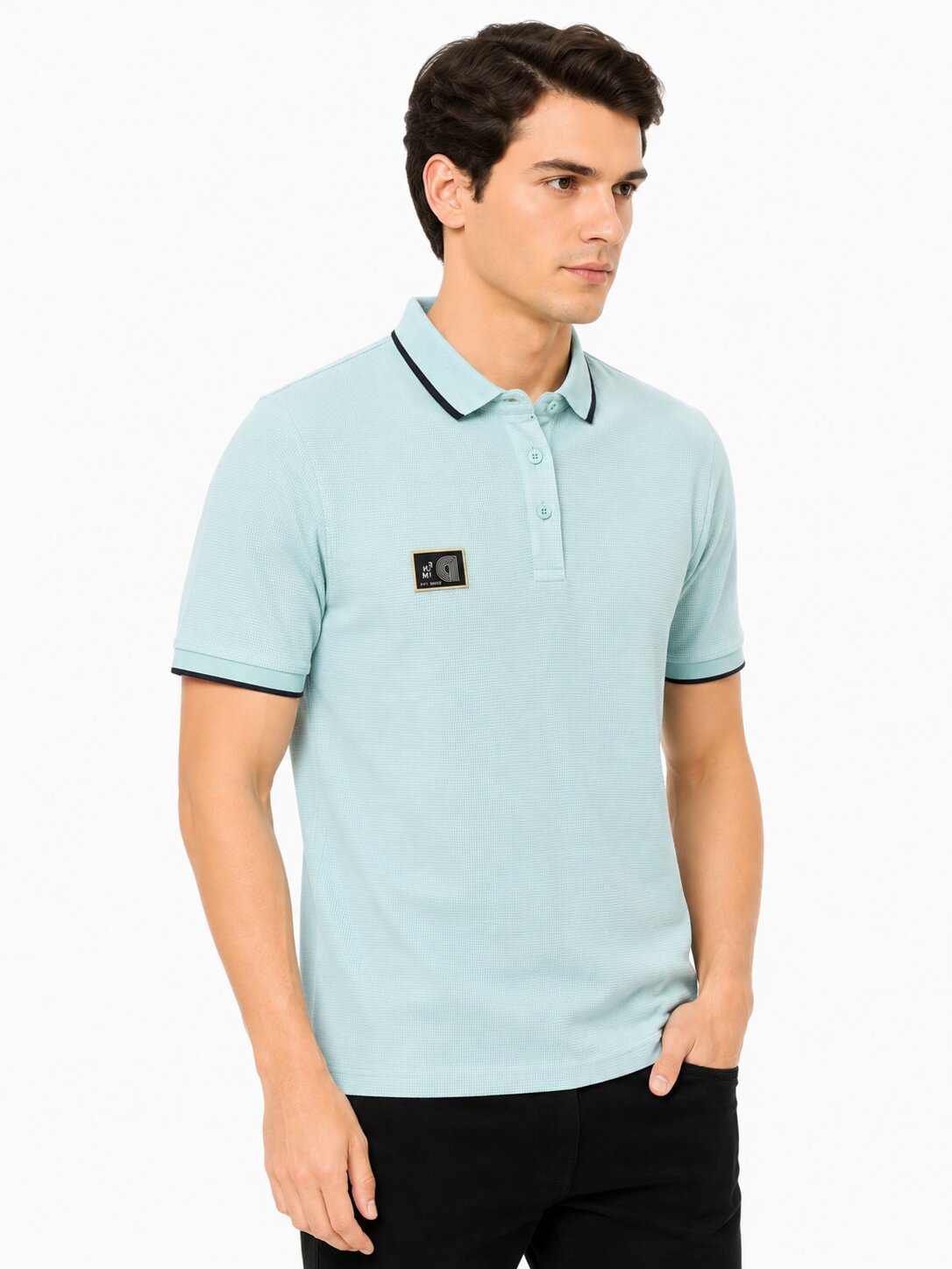 Buy Light Blue Contrast Trim Polo Shirt Online Shopping view 4