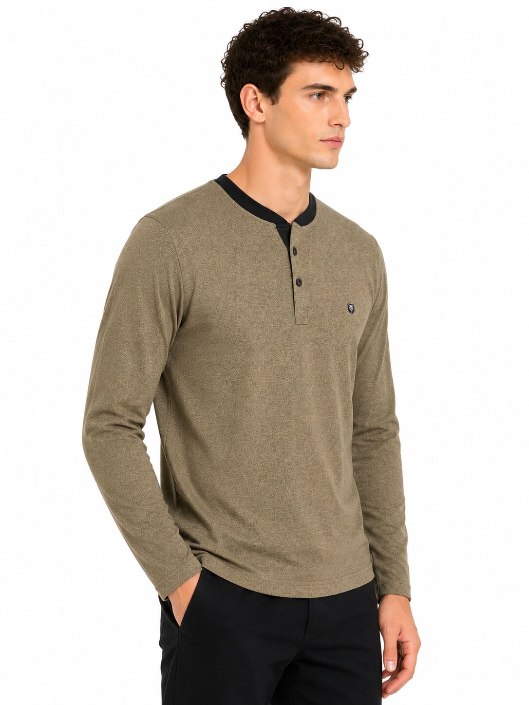 Buy Khakhi Mandarin Collar T-Shirt Online Shopping view 4