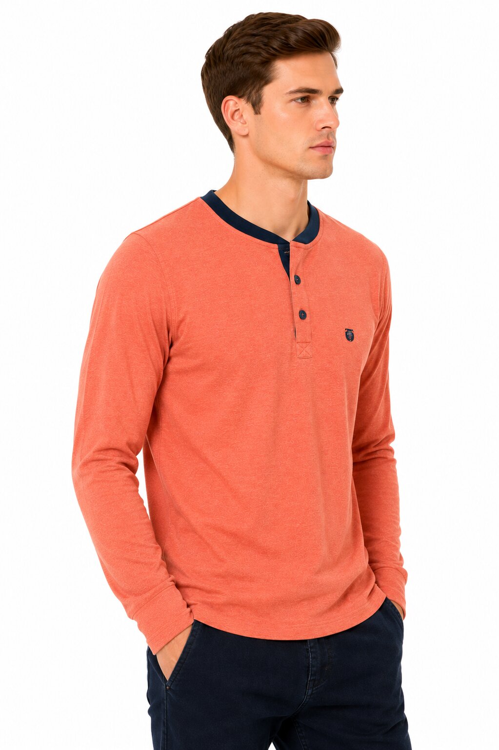 Buy Orange Contrast Collar Henley Online Shopping view 4