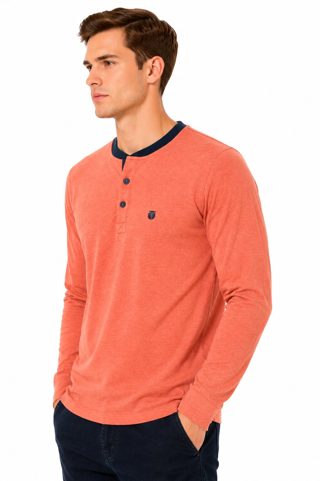 Buy Orange Contrast Collar Henley Online Shopping view 5