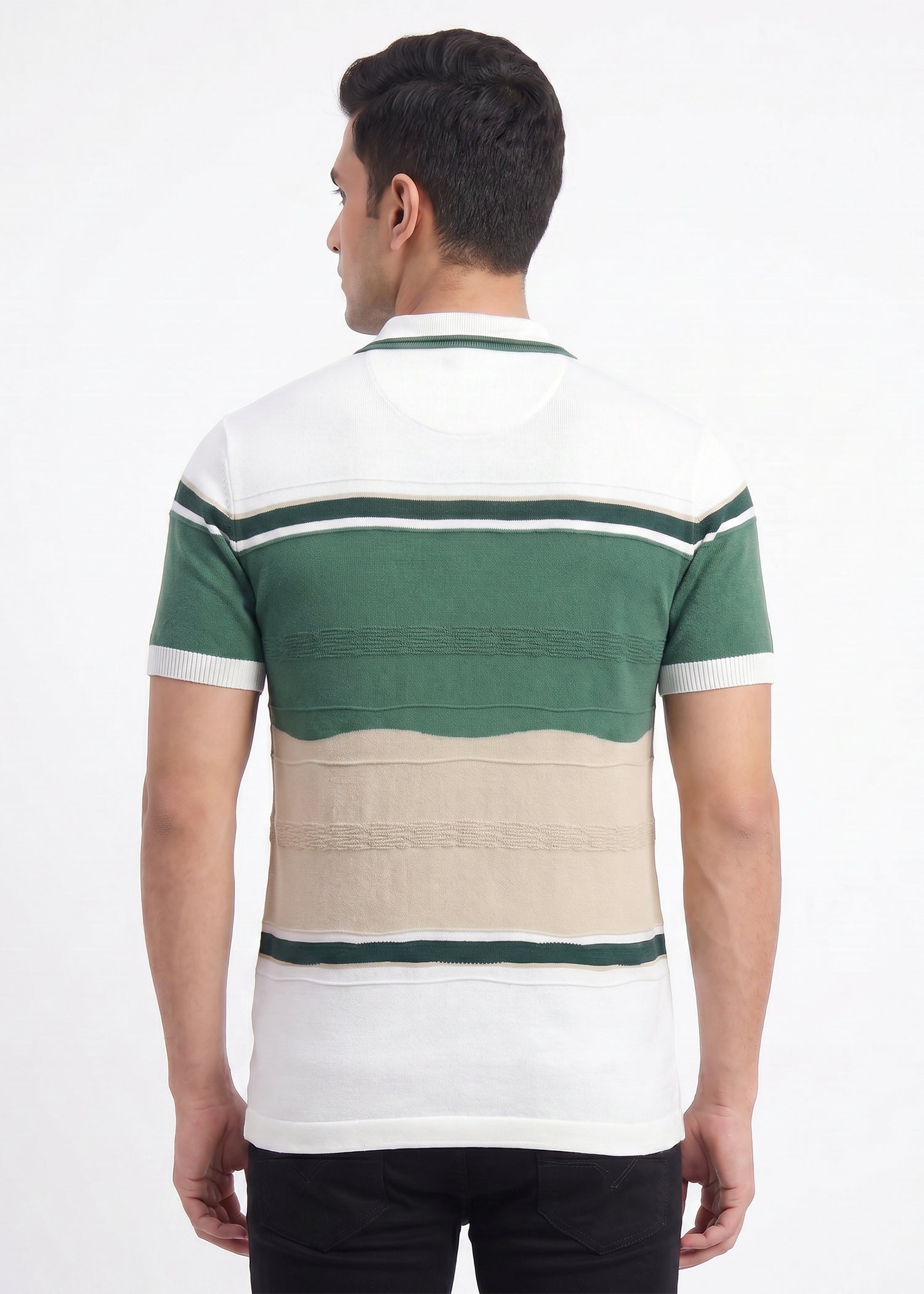 Buy White green-beige-striped-polo-tshirt Online Shopping view 2