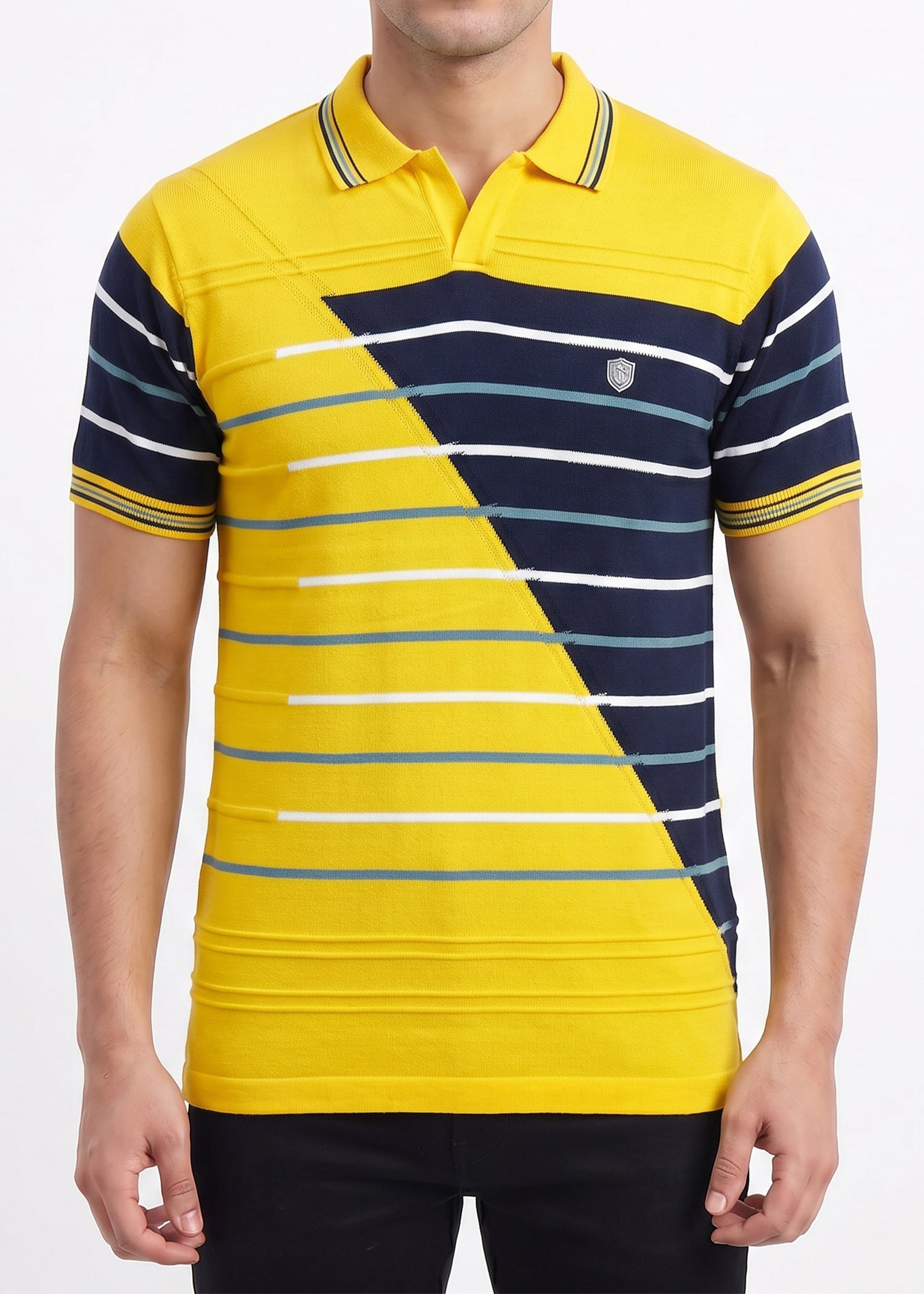 Buy Gold-navy-striped-polo-tshirt Online Shopping view 3
